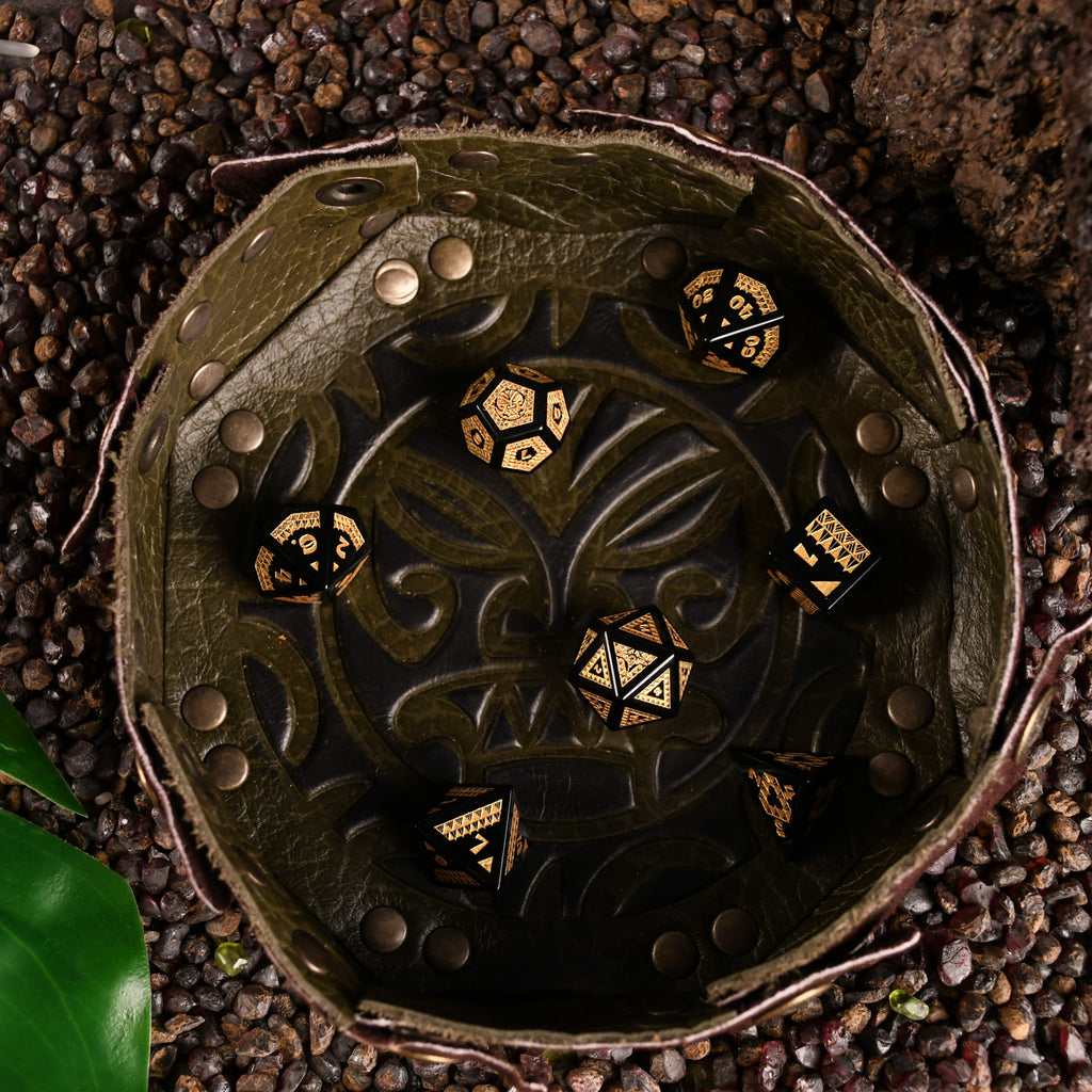 Polynesian Black Obsidian Stone Dice in Leather Dice Tray