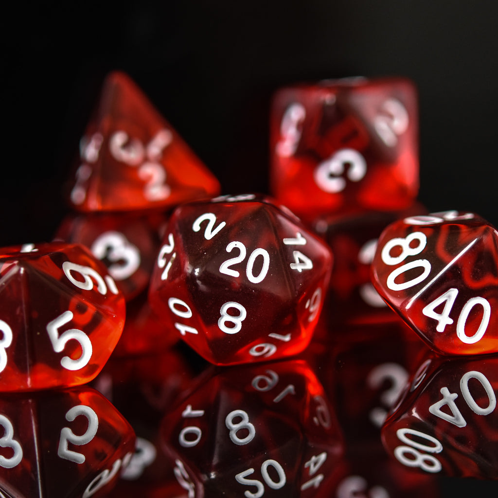 a set of red acrylic dnd dice with white numbers