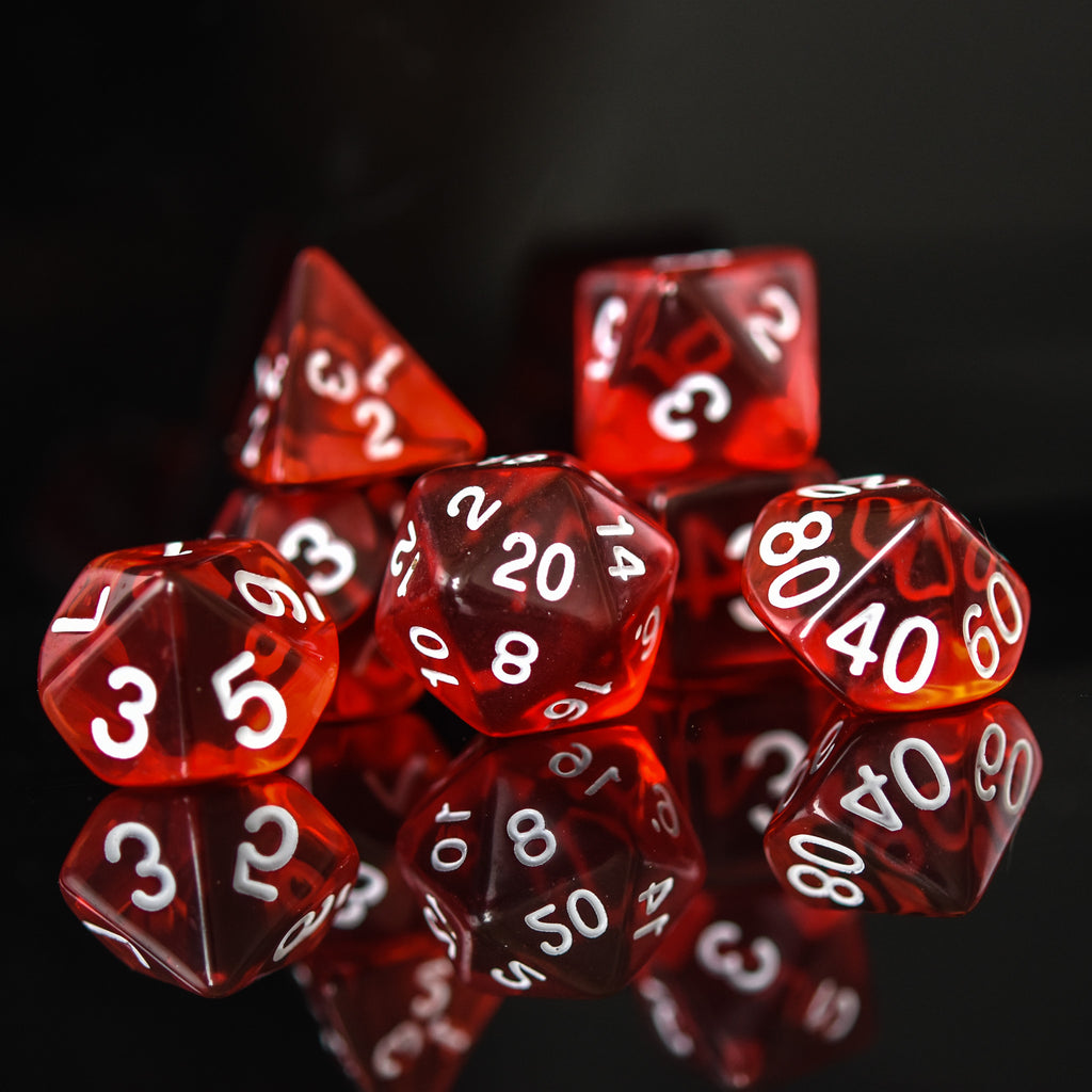 a set of red acrylic dnd dice with white numbers