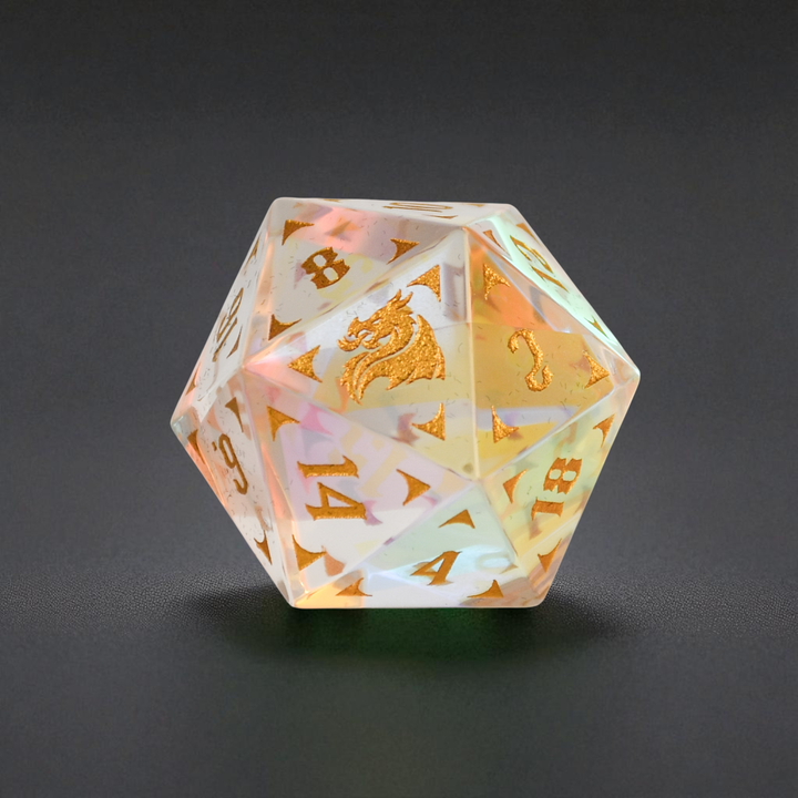 Illuminated polyhedral die with gold numbering on a dark background