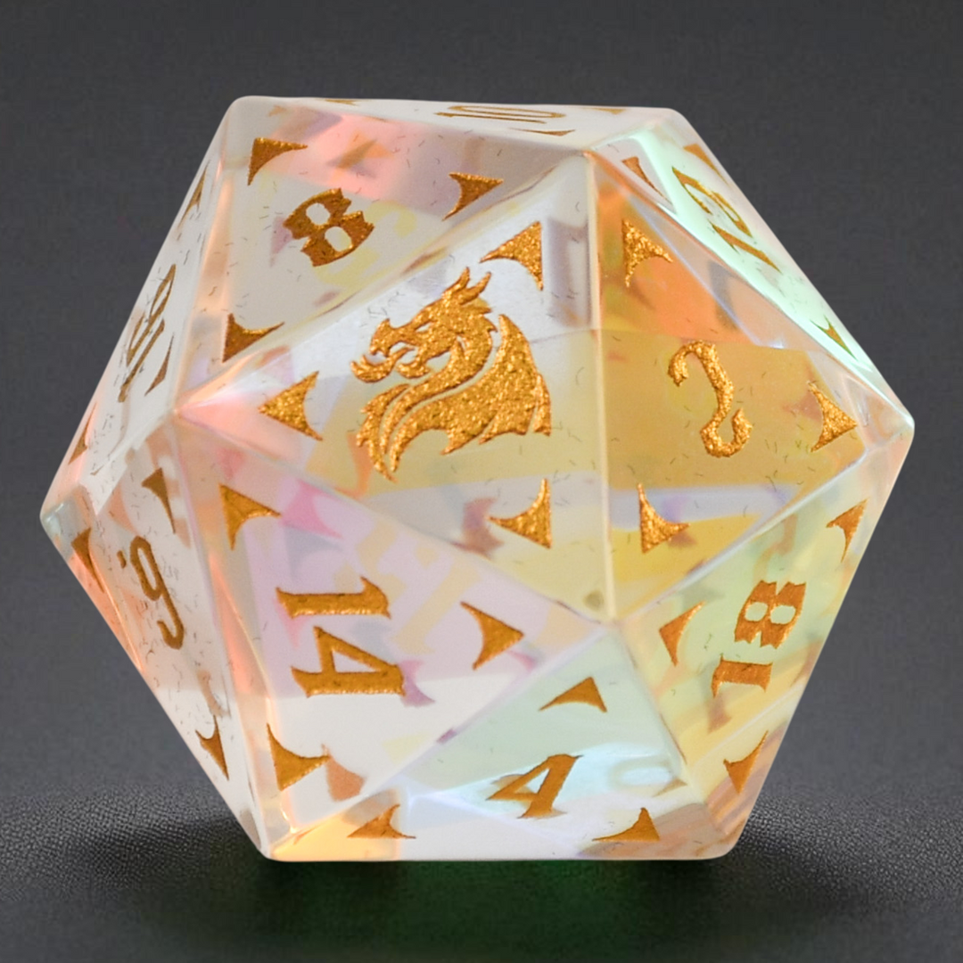 Illuminated polyhedral die with gold numbering on a dark background
