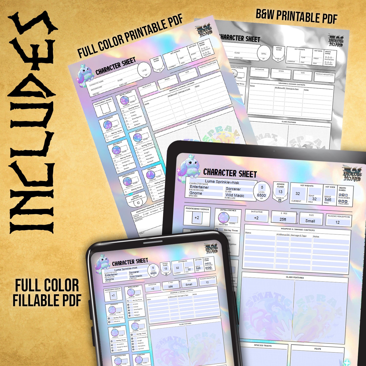 Dungeons and Dragons character sheet printable fillable pdf form art dnd d&d