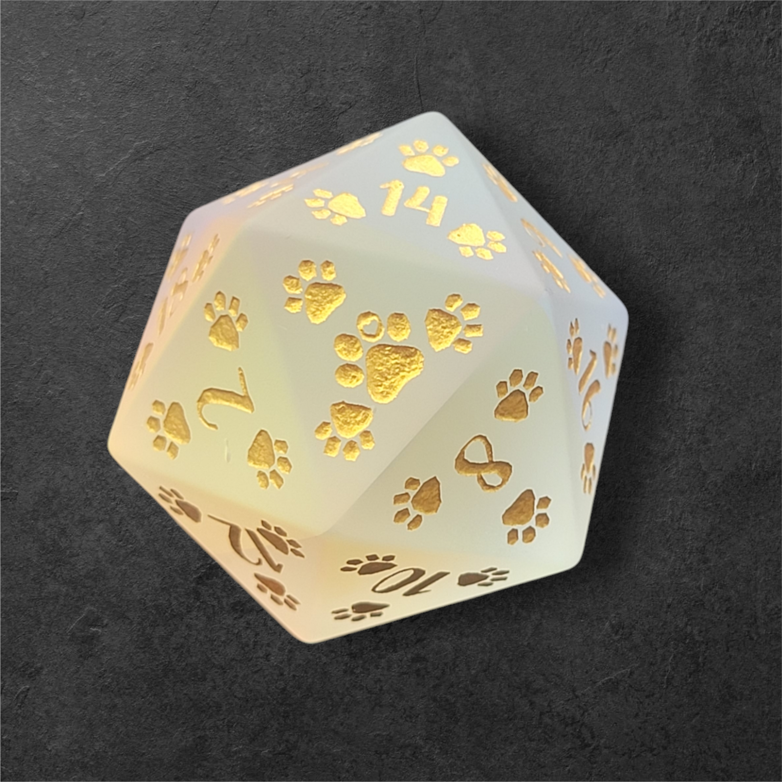 A frosted prism glass 30mm D20 dice with puppy paw prints and engravings, displayed on a natural stone surface.
