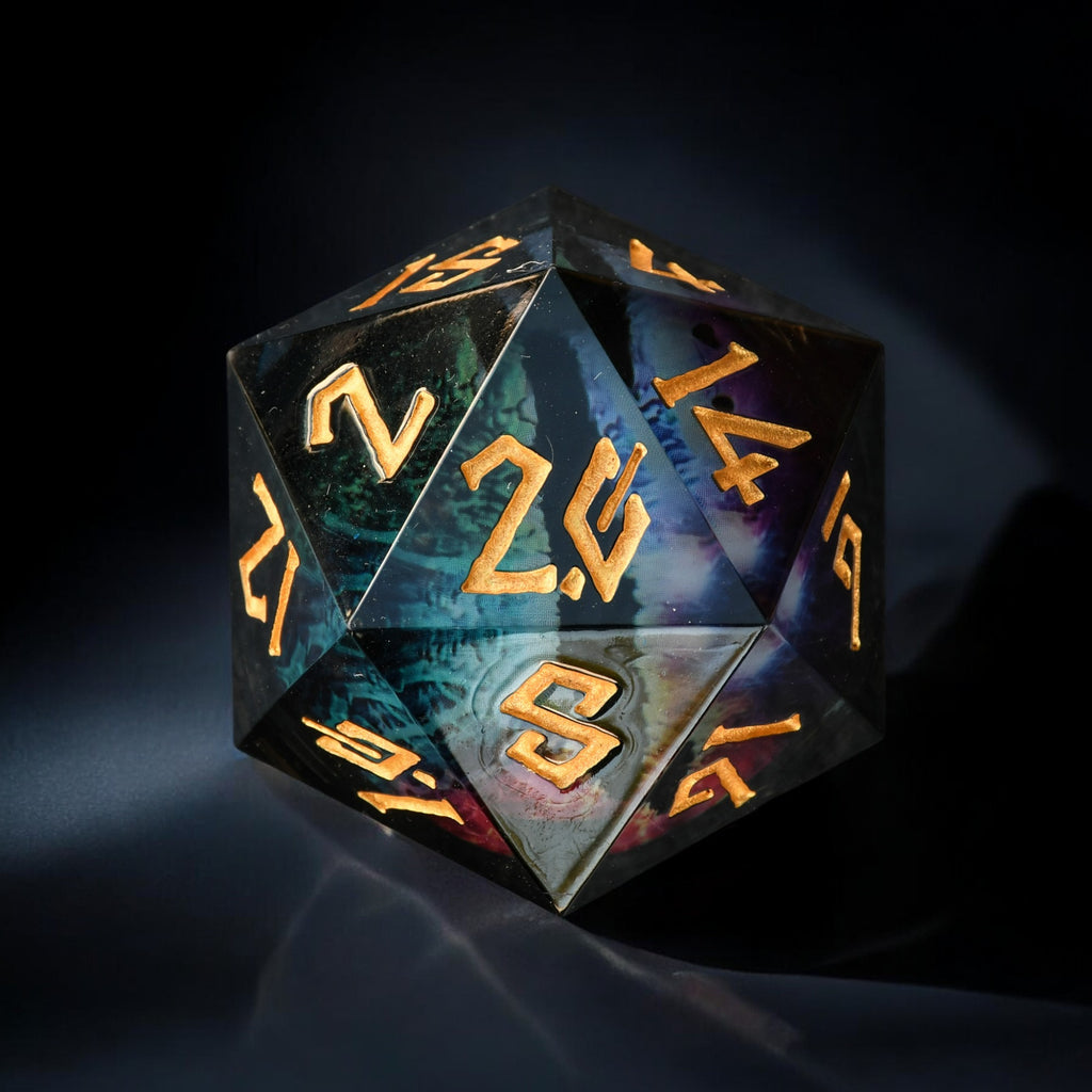 A 30mm black liquid core d20 dice with engraved gold numbers, featuring a floating rainbow dragons eye inside.