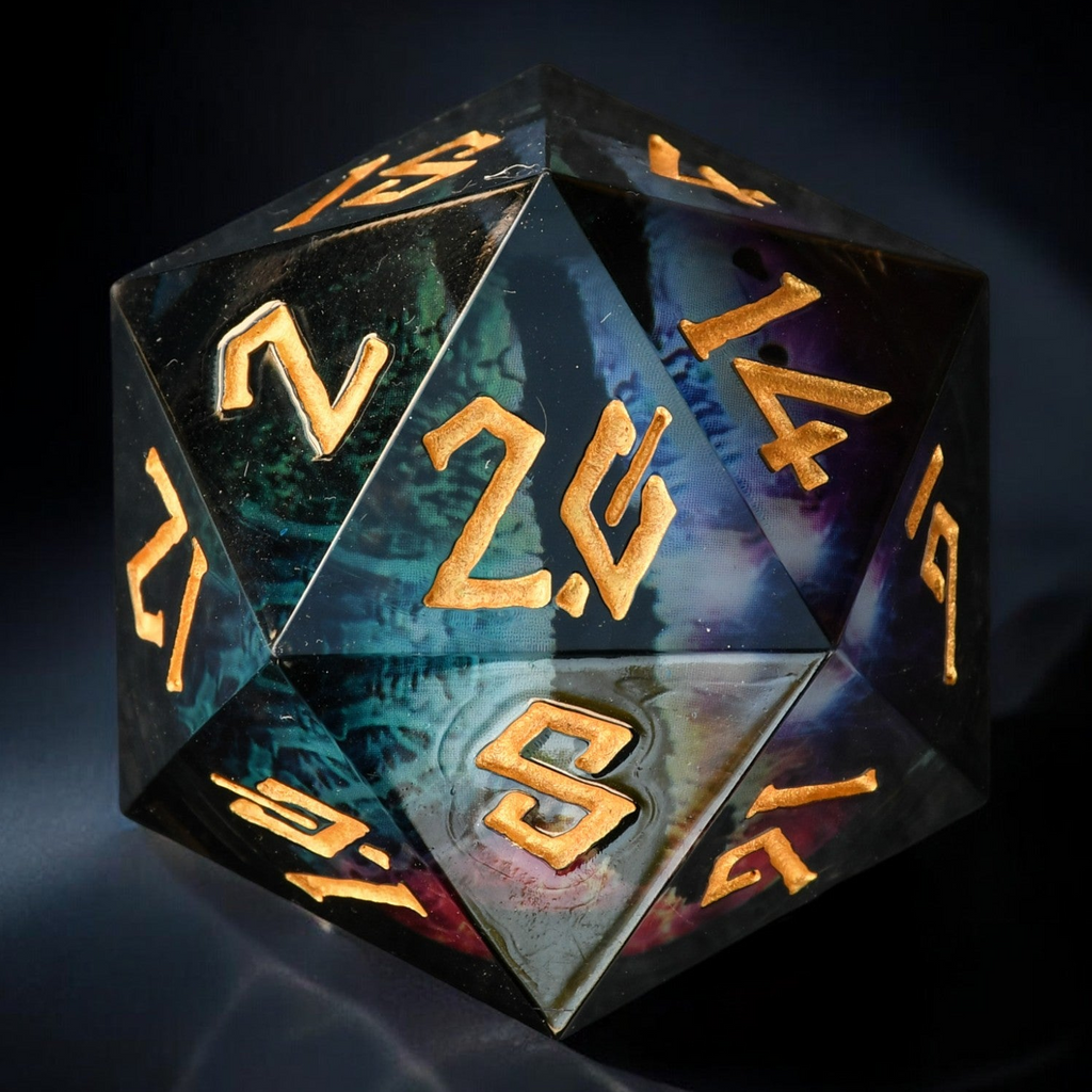 A 30mm black liquid core d20 dice with engraved gold numbers, featuring a floating rainbow dragons eye inside.