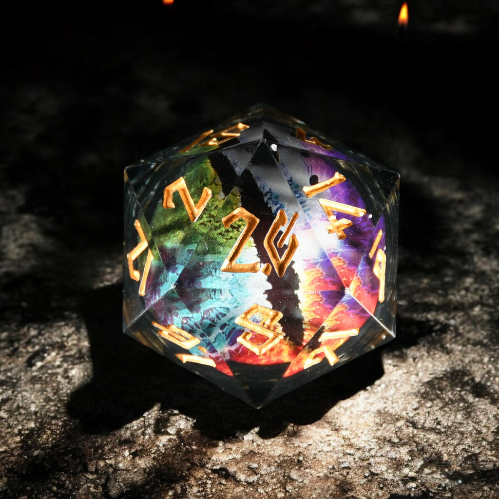 A large, multicolored dice with engraved numbers and a rainbow dragon design, featuring a floating eye illustration in the center.