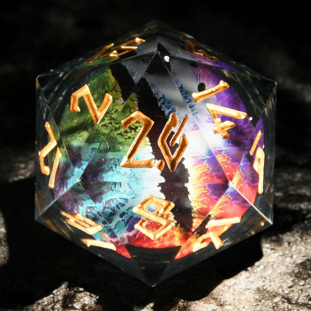A large, multicolored dice with engraved numbers and a rainbow dragon design, featuring a floating eye illustration in the center.
