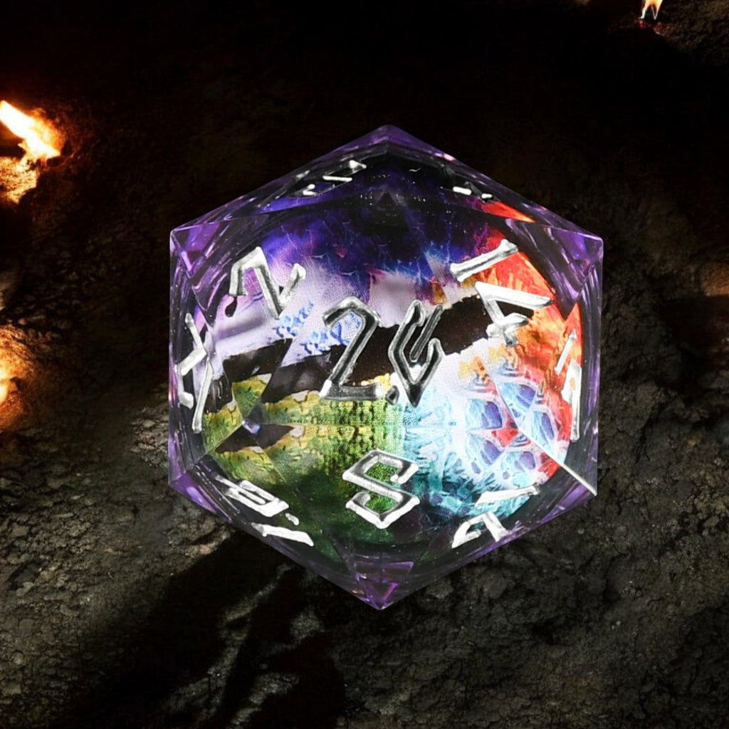 A multicolored, resin-cast dice with eyes, hand-painted numbers, and a liquid core, set against a dark, textured background.