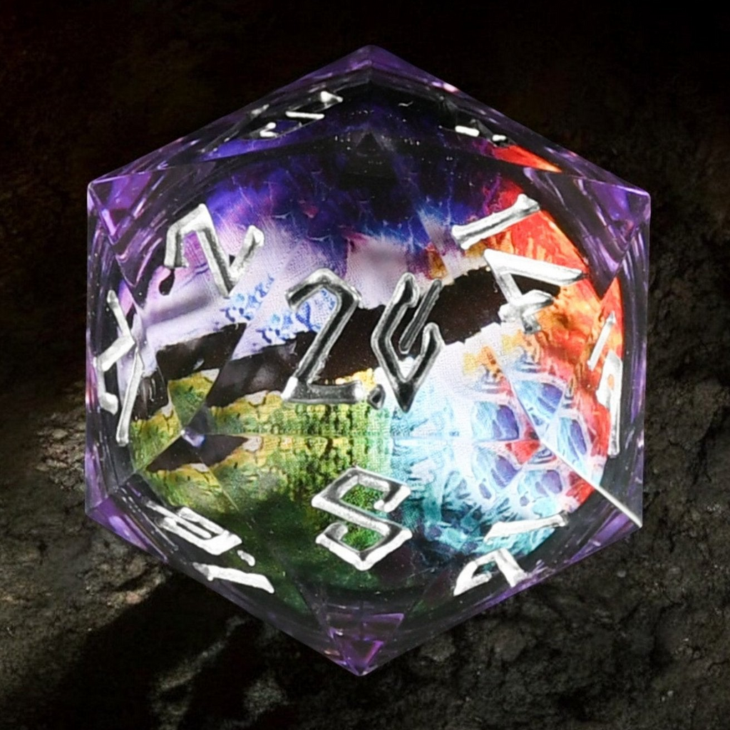 A multicolored, resin-cast dice with eyes, hand-painted numbers, and a liquid core, set against a dark, textured background.