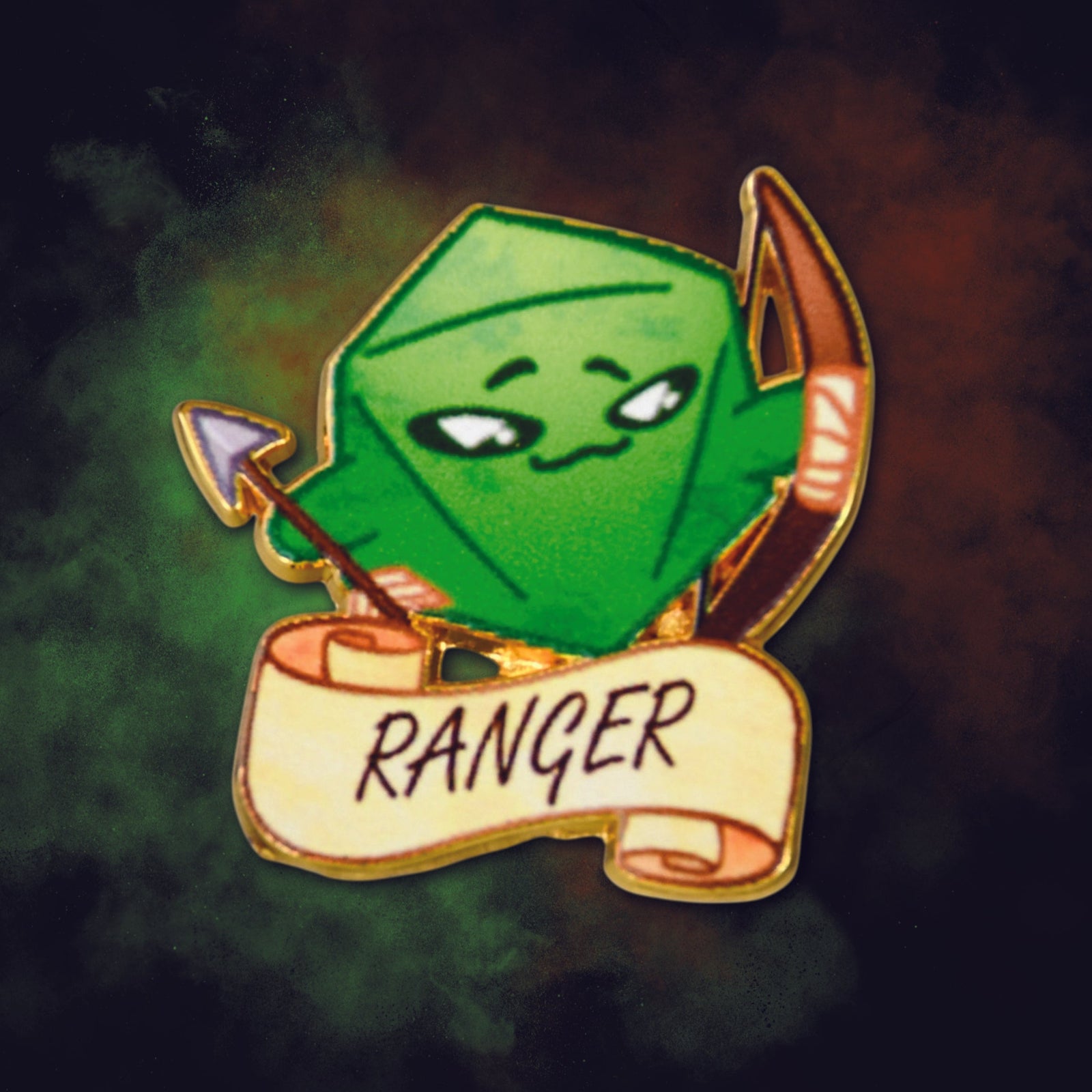 Green d20 character with bow and arrow holding a 'Ranger' banner on a dark background