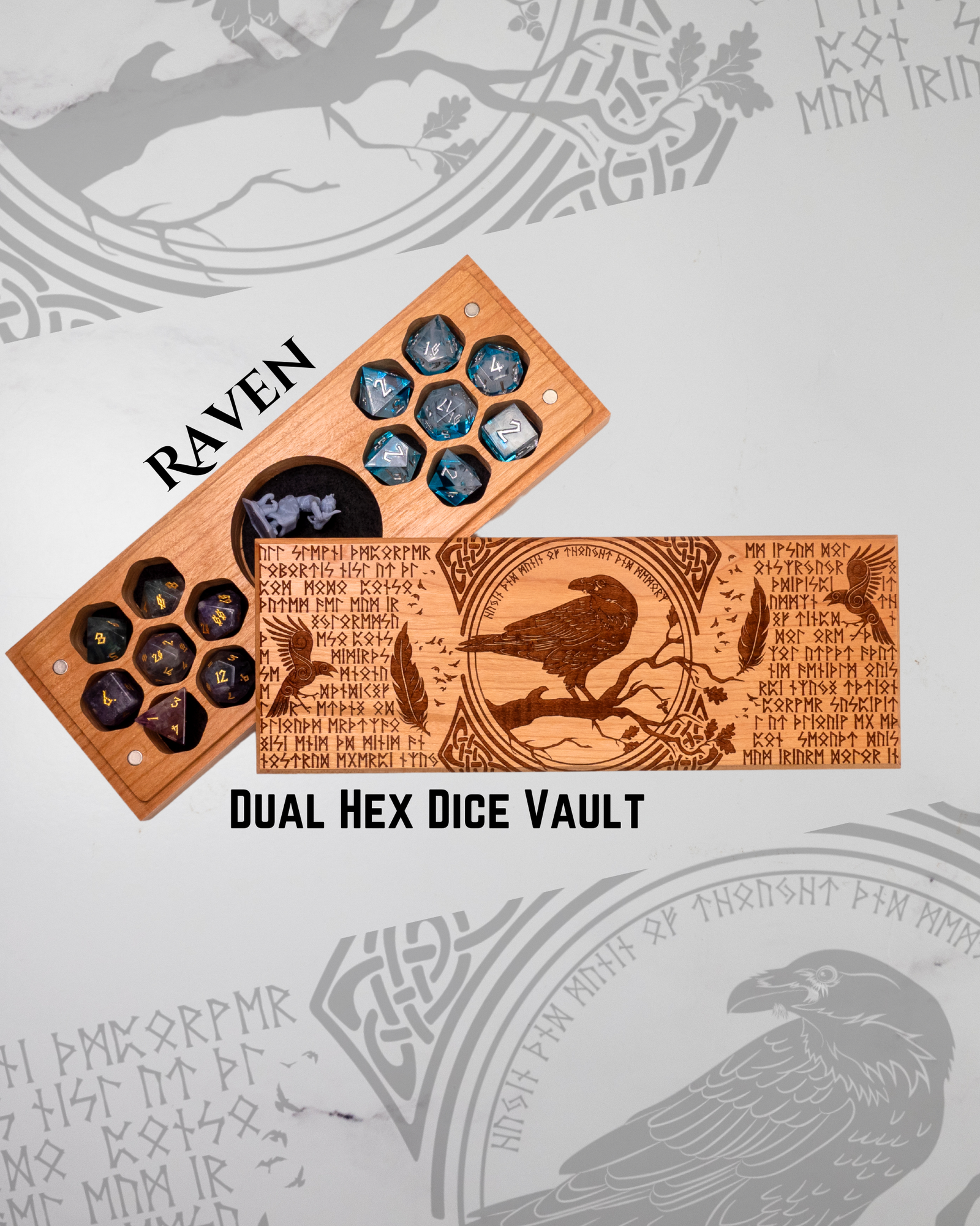 Wooden dice vault with 'Raven' branding on a decorative background