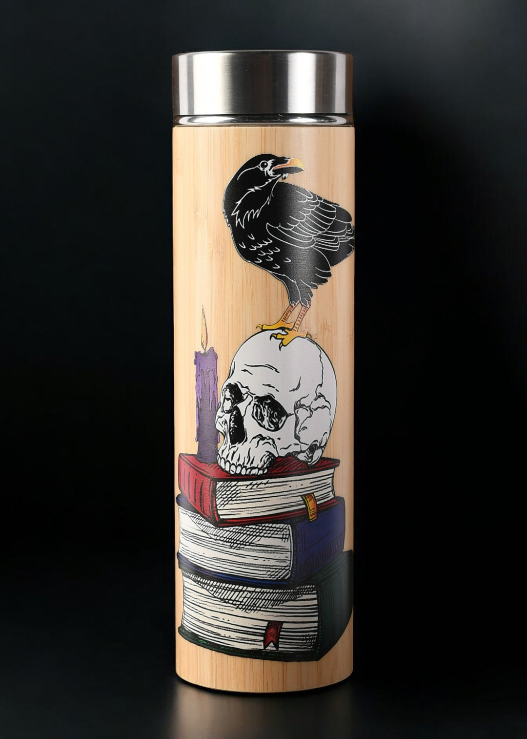 Tumbler with decorative design and metal lid and mesh tea infuser 