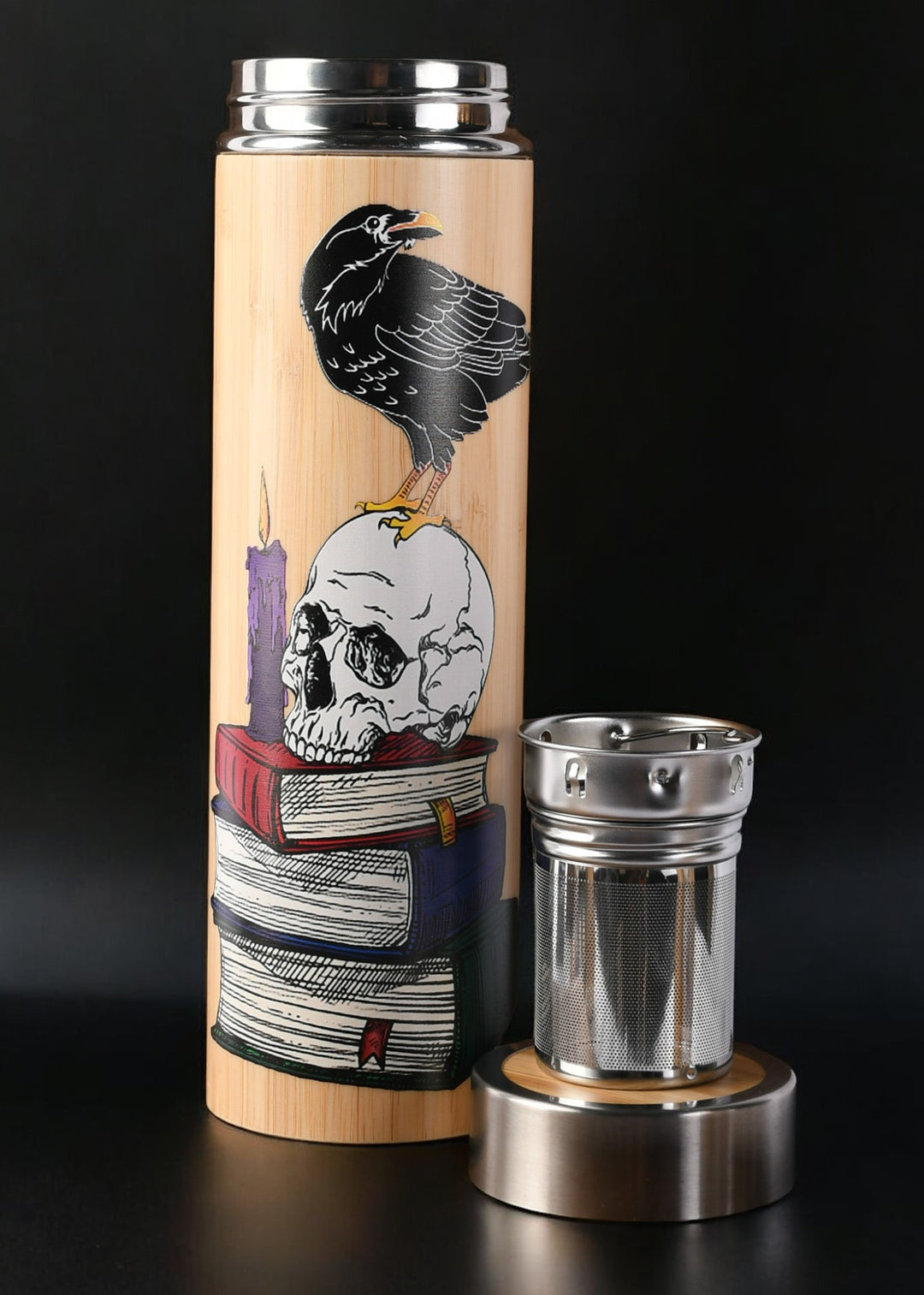 Tumbler with decorative design and metal lid and mesh tea infuser 