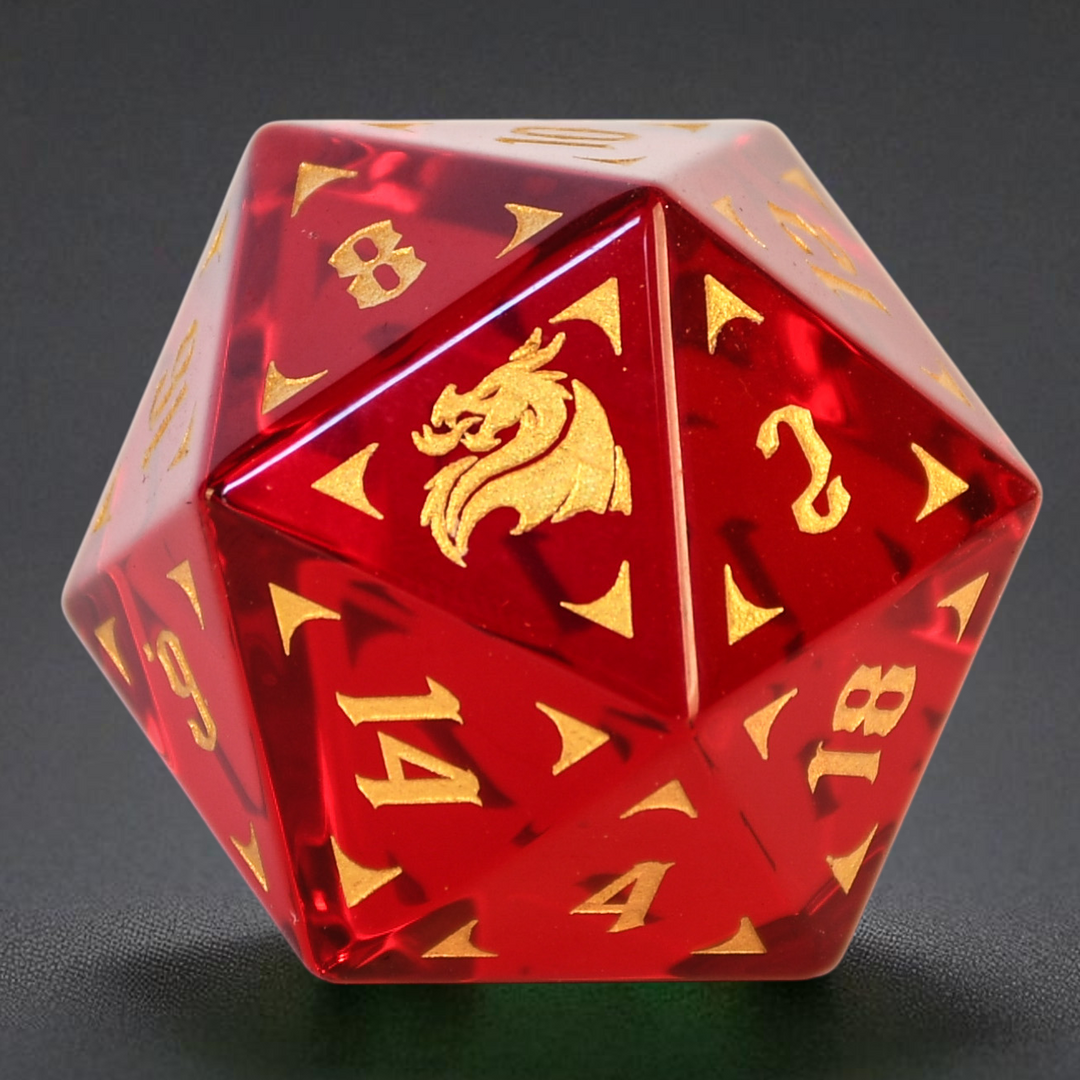 Red polyhedral dice with gold numbers and dragon emblem on a dark background