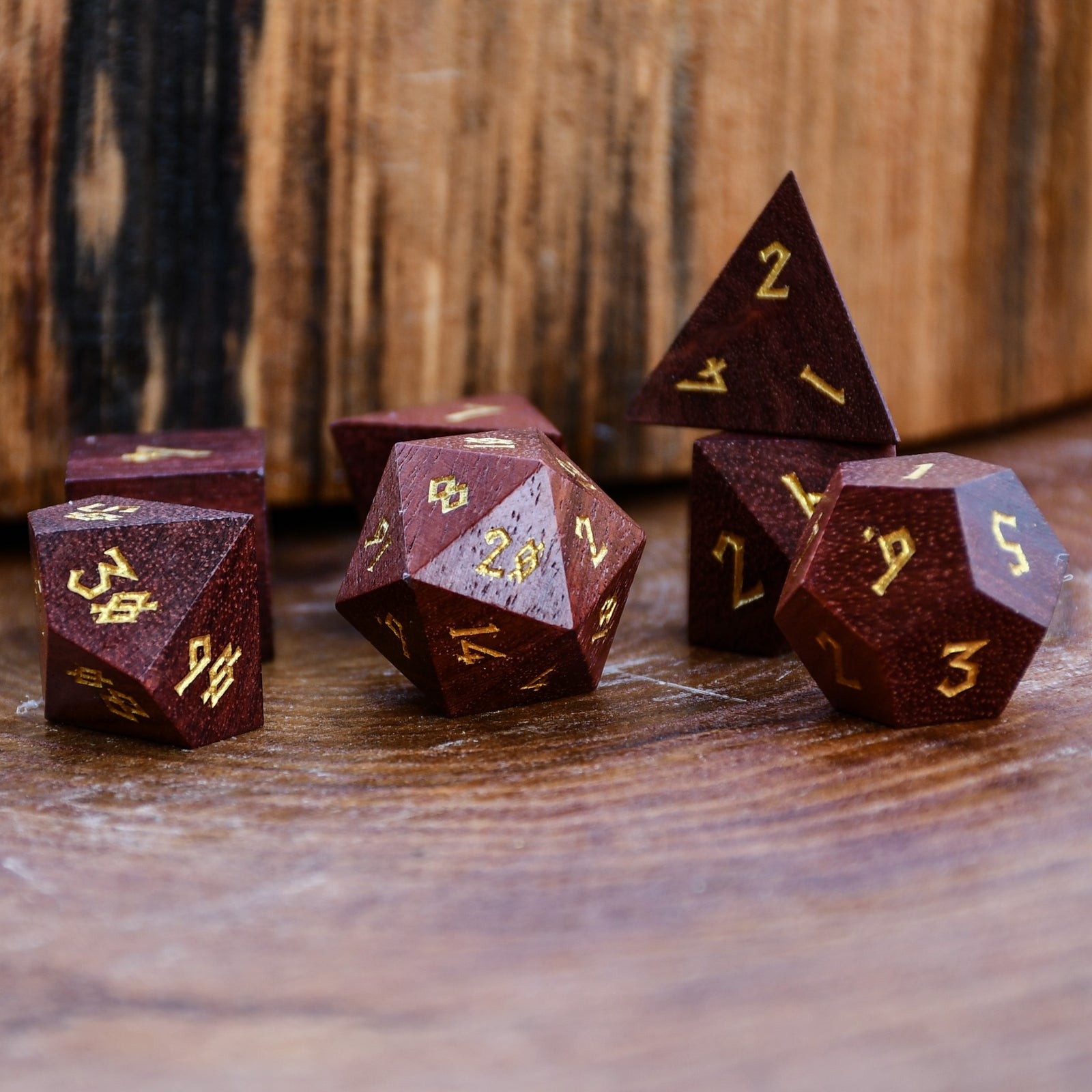 Red Sandalwood Dice with golden numbers for tabletop gaming
