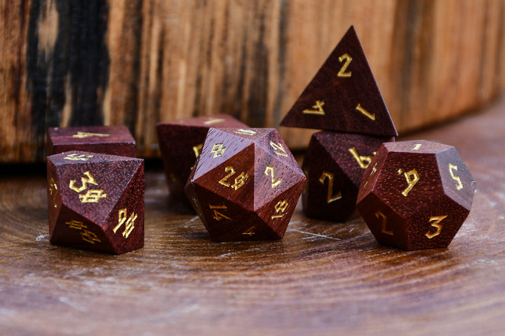 Red Sandalwood Dice with golden numbers for tabletop gaming