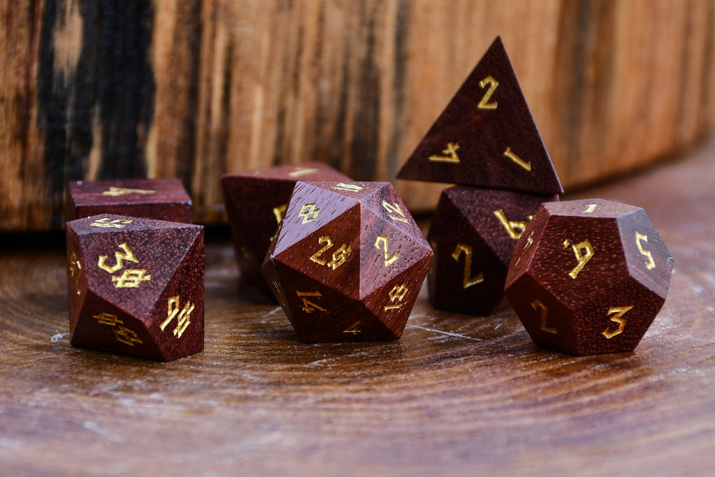 Red Sandalwood Dice with golden numbers for tabletop gaming