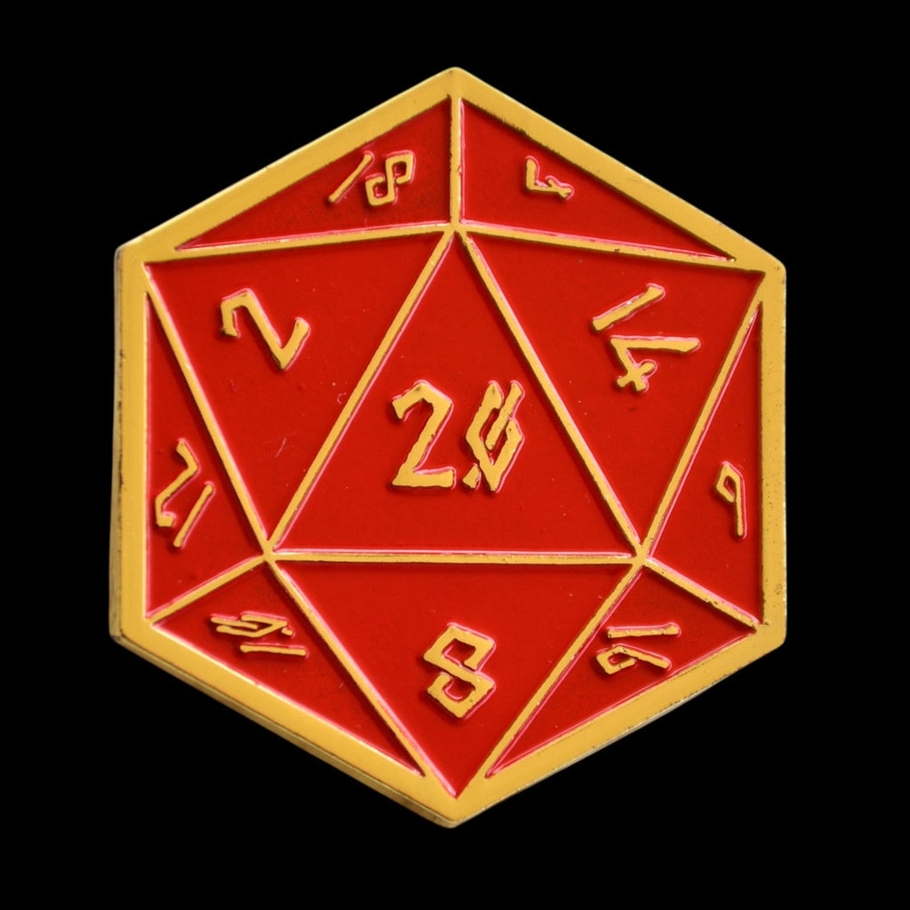 Red polyhedral d20 with gold border on a black background