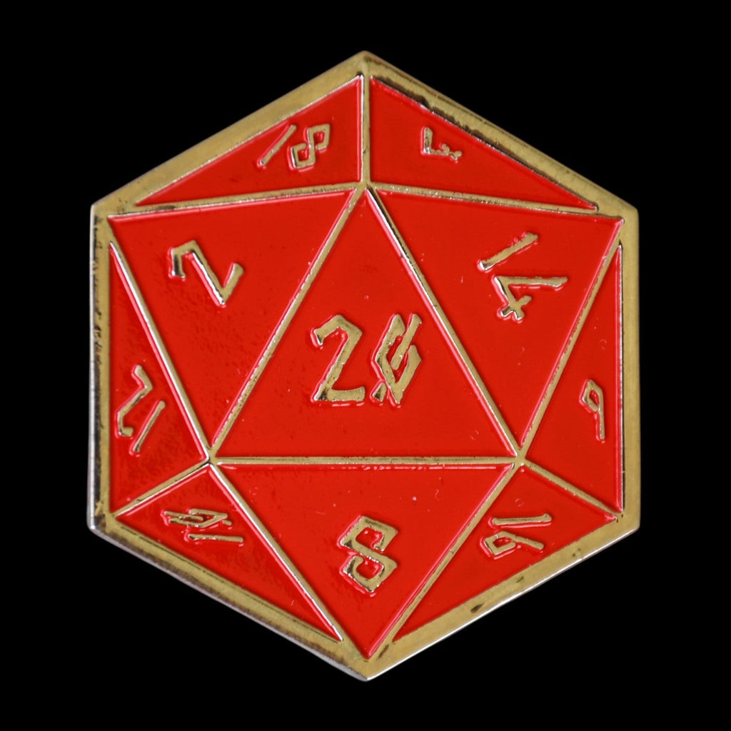 Red polyhedral d20 pin with gold numbers on a black background
