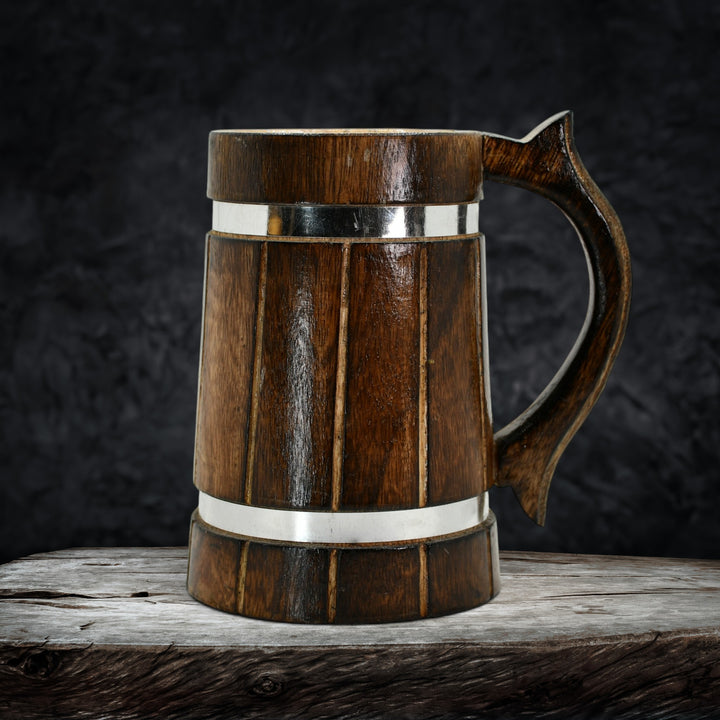 Ribbed Dark Wood Silver-Banded Tankard