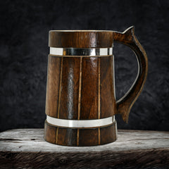 Ribbed Dark Wood Silver-Banded Tankard