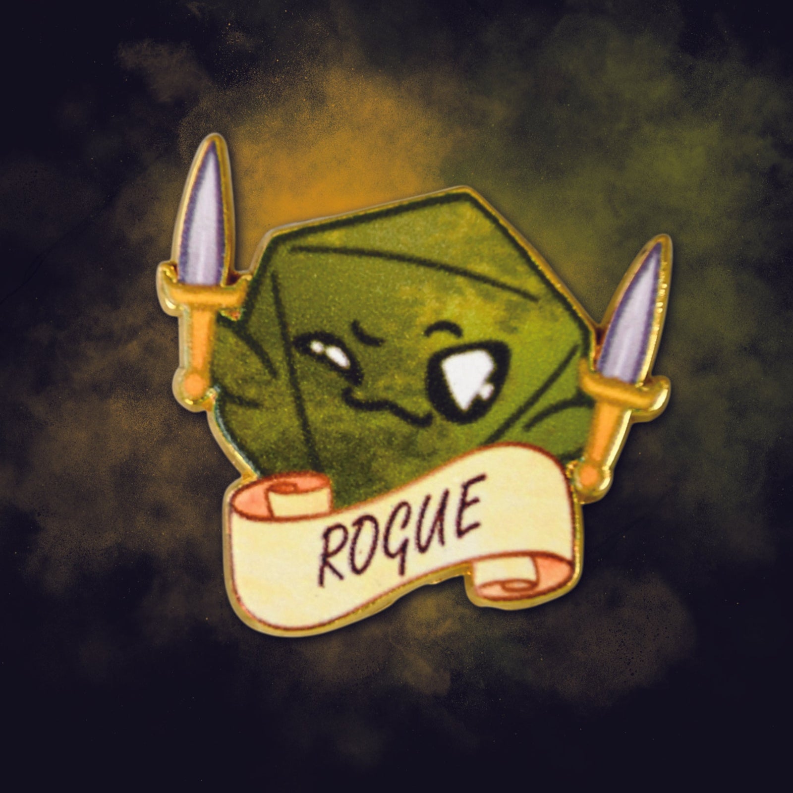 d20 pin character with a green gem-like head and 'Rogue' banner on a dark background