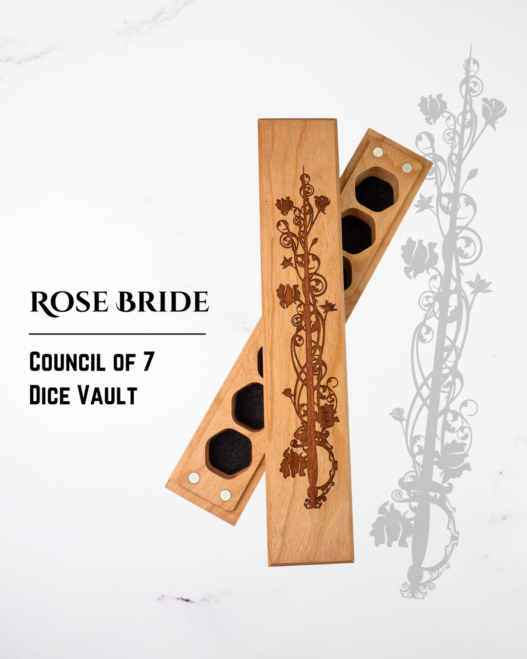 Wooden dice vault with floral design on a white background