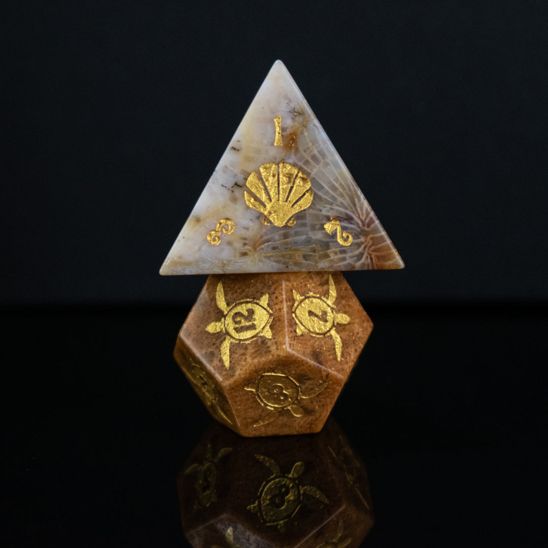 A set of hand-carved, fossil coral dice with engraved numbers, displayed on a reflective surface.
