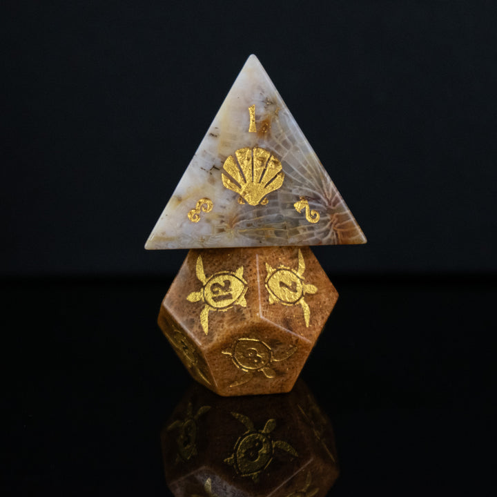 A set of hand-carved, fossil coral dice with engraved numbers, displayed on a reflective surface.