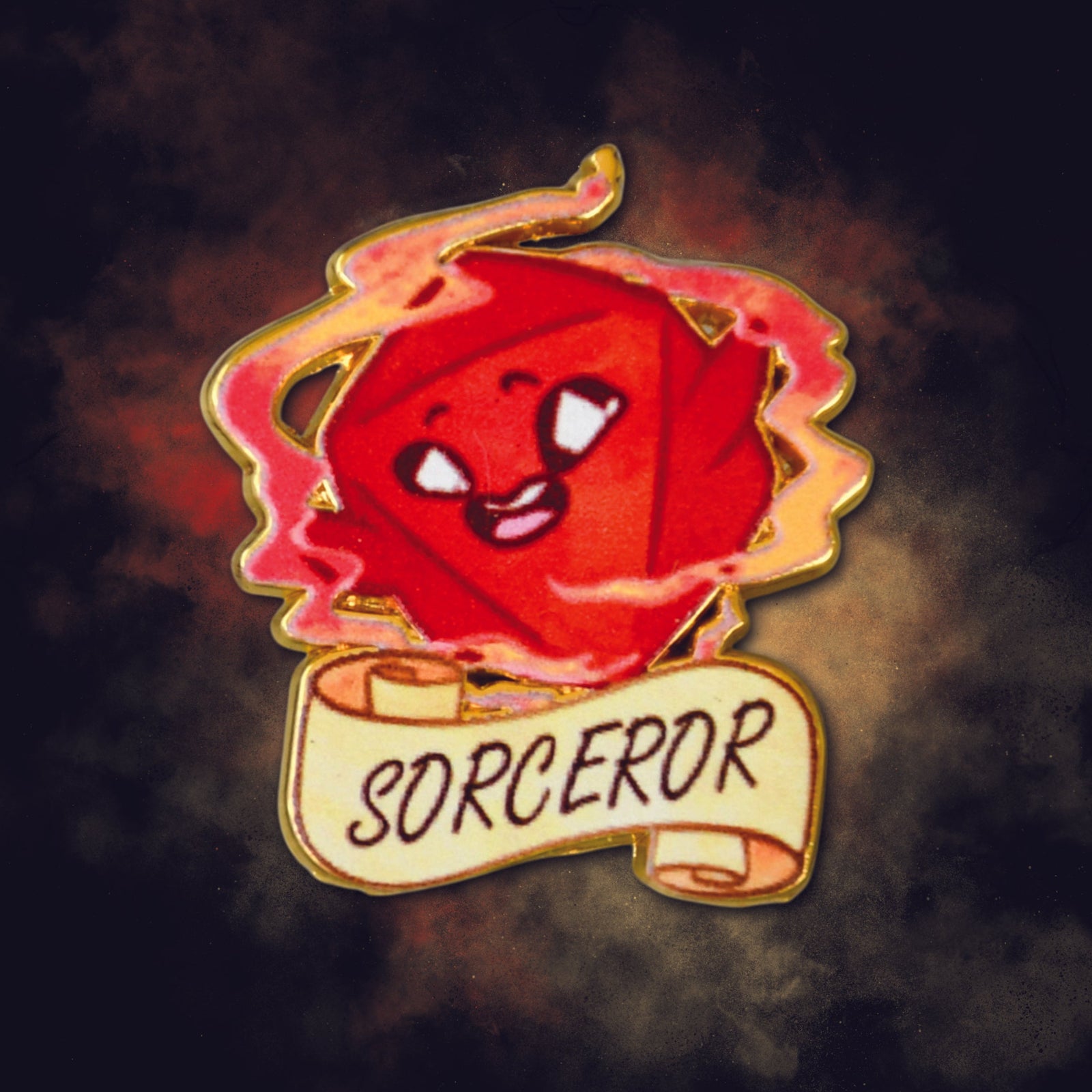 Enamel d20 pin with a red character labeled 'Sorceror' on a dark background