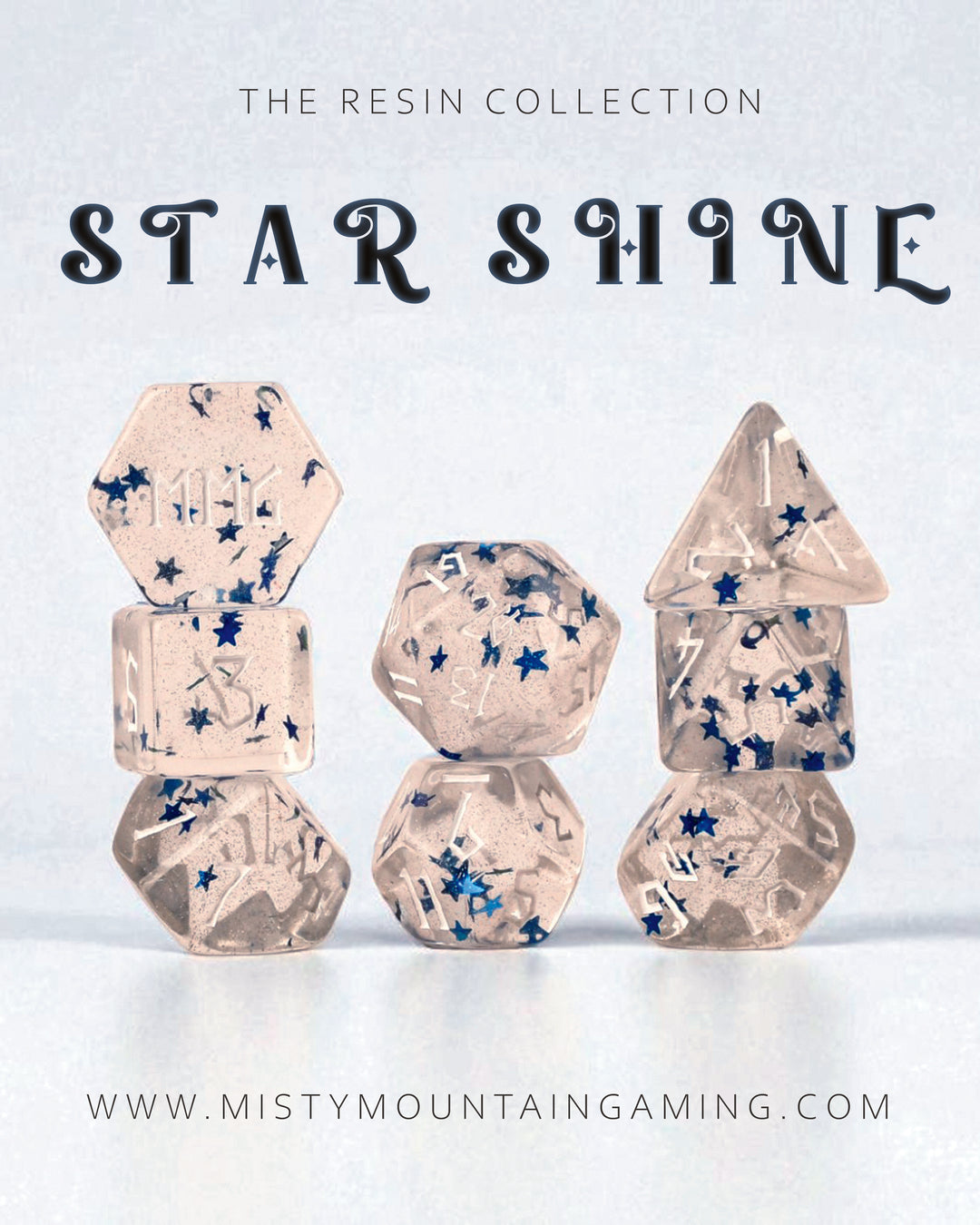 Resin polyhedral dnd dice with blue stars inside of them, on a light blue background, featuring the brand &