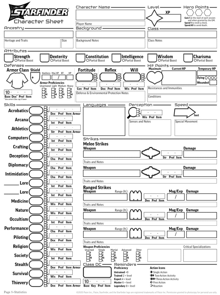 Starfinder RPG TTRPG Character Sheet Printable PDF 