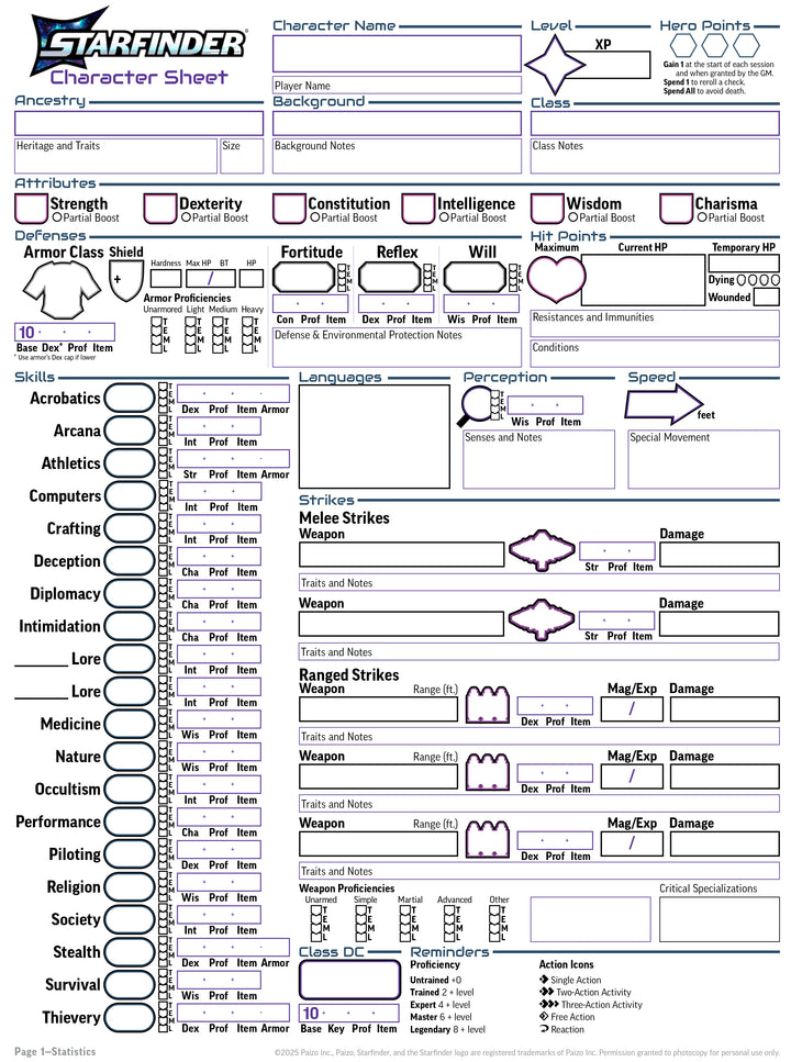 Starfinder RPG TTRPG Character Sheet Printable PDF 