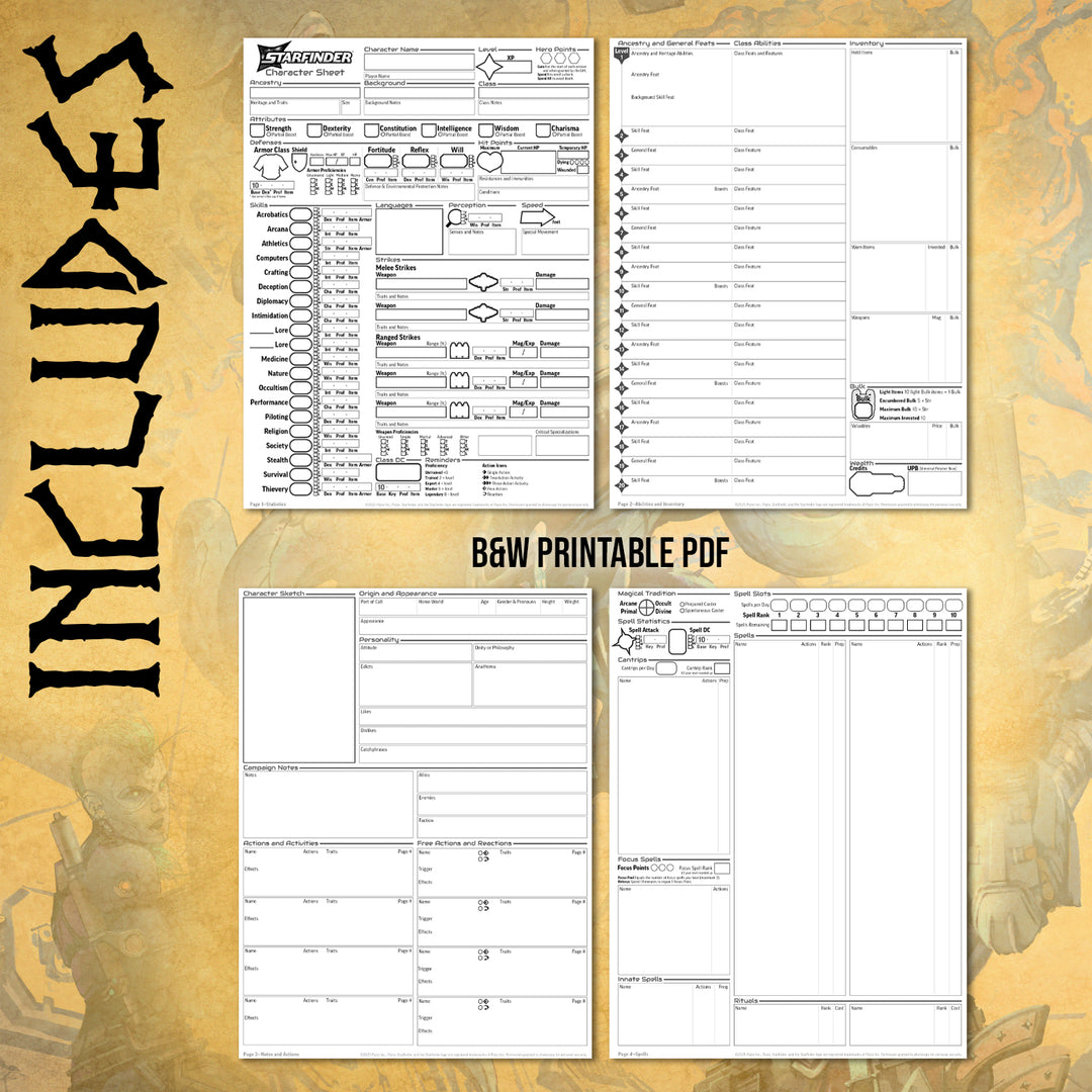 Starfinder RPG TTRPG Character Sheet Printable PDF 