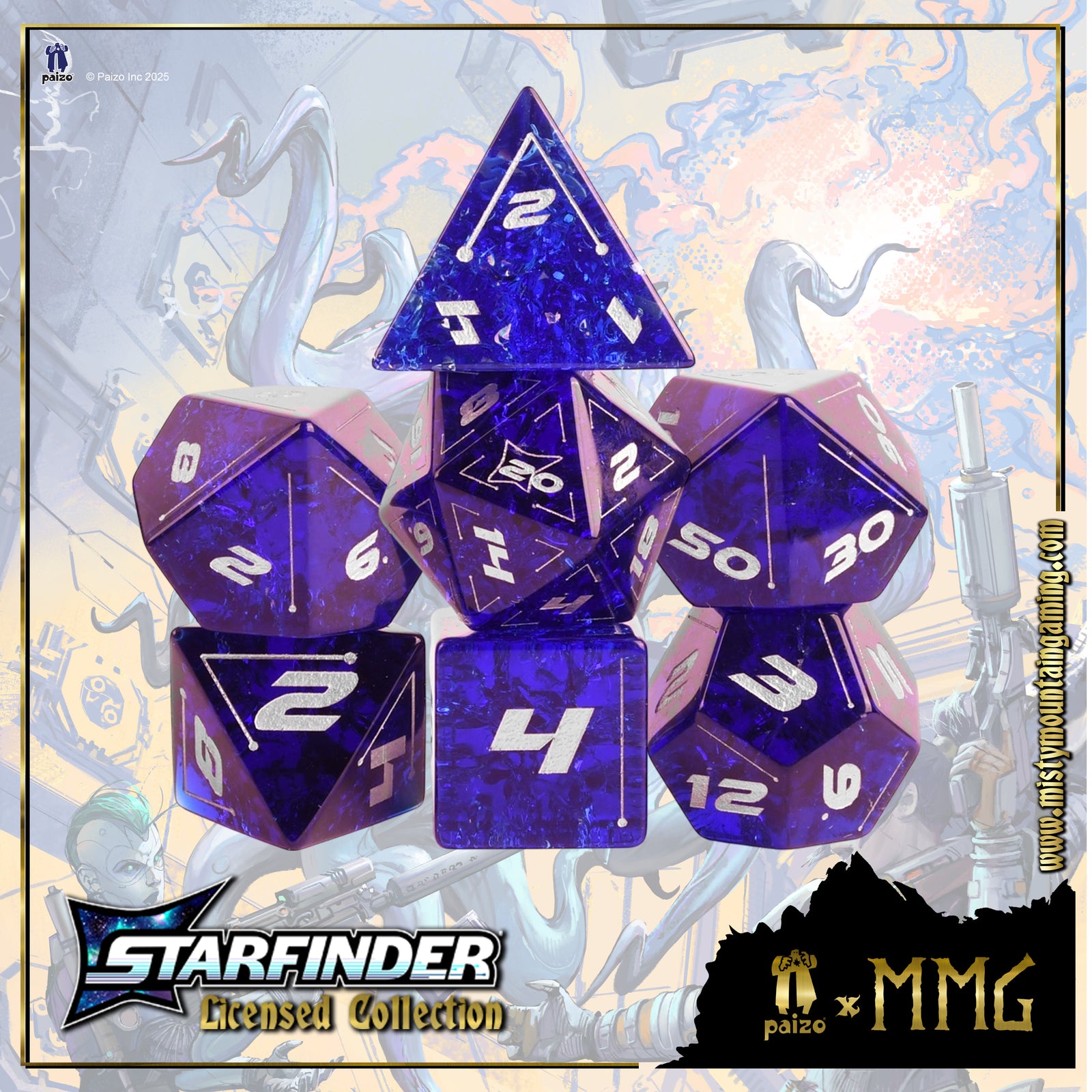 Set of purple polyhedral dice with 'Starfinder' branding on a fantasy-themed background.