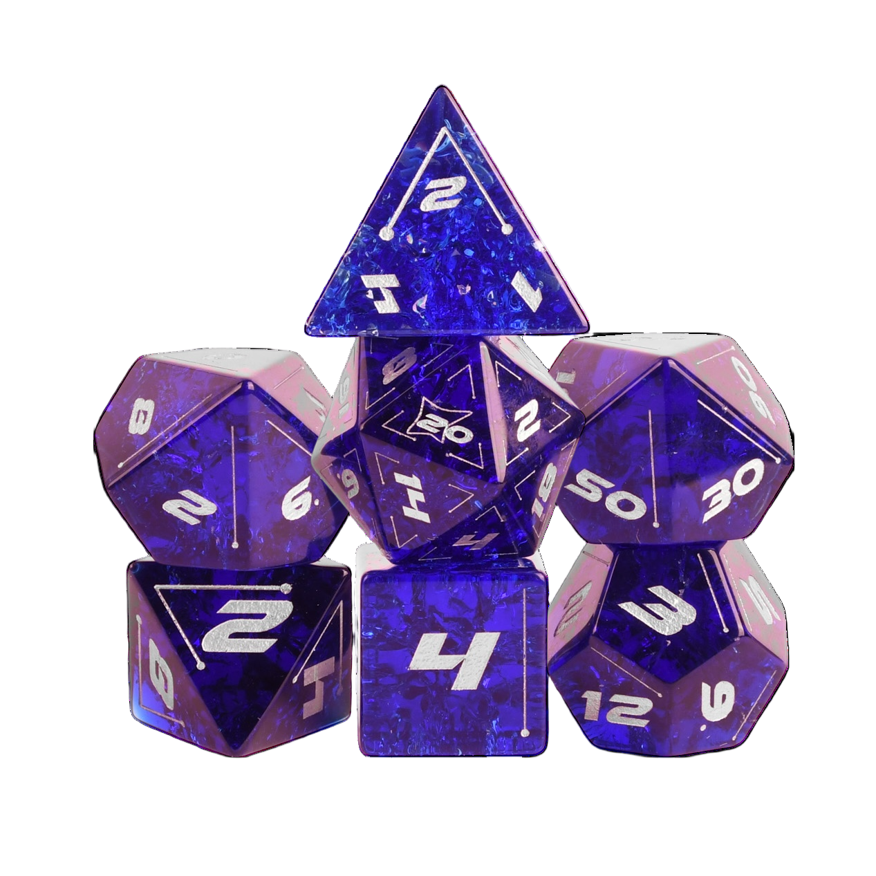 Set of purple polyhedral dice with 'Starfinder' branding on a fantasy-themed background.