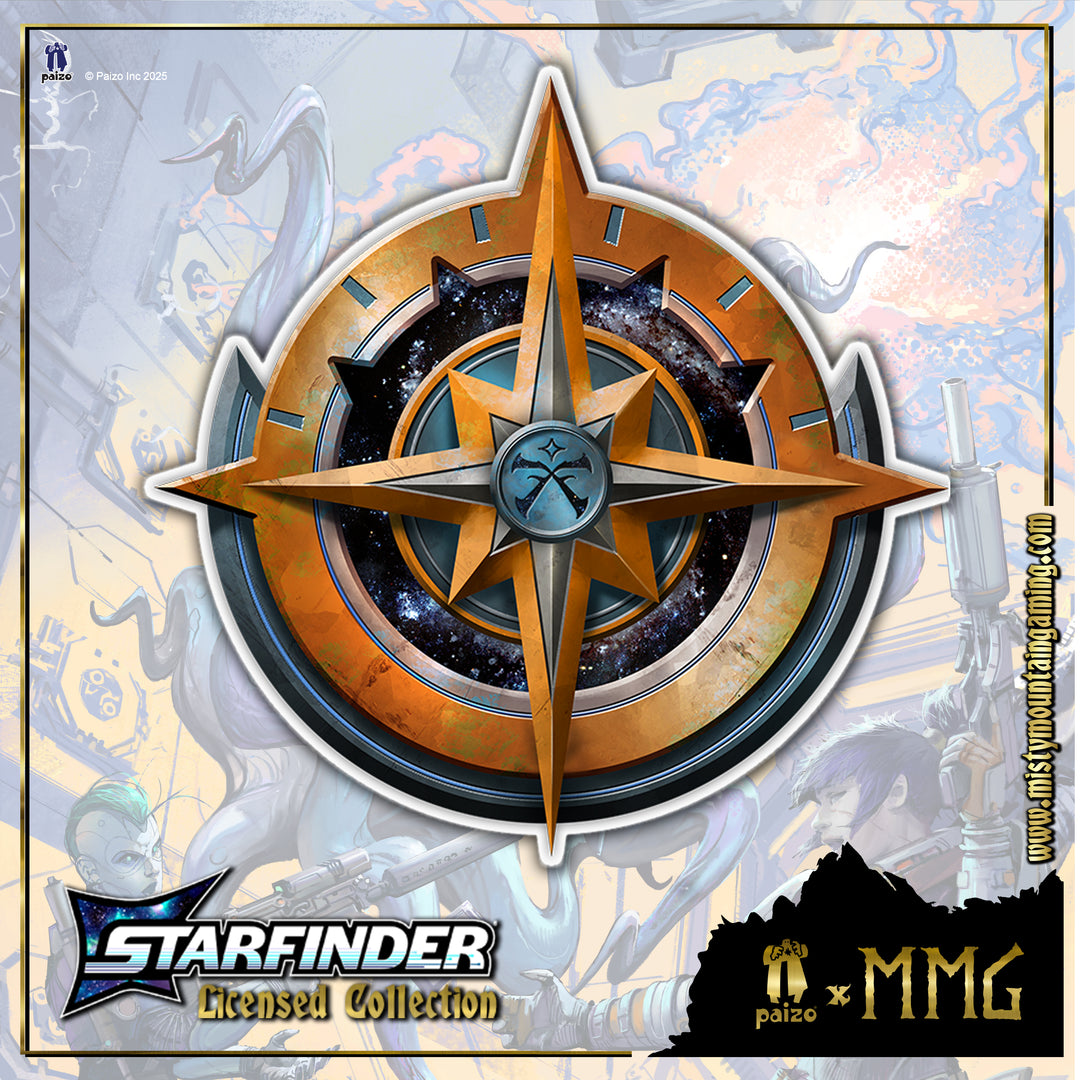 Starfinder Licensed Collection logo with a compass design on a colorful background