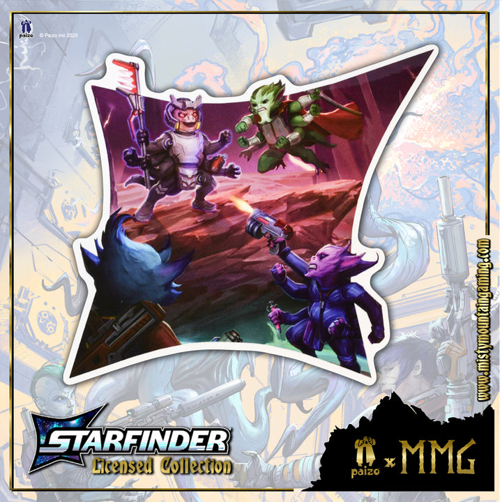 Starfinder sticker with characters and Paizo logo