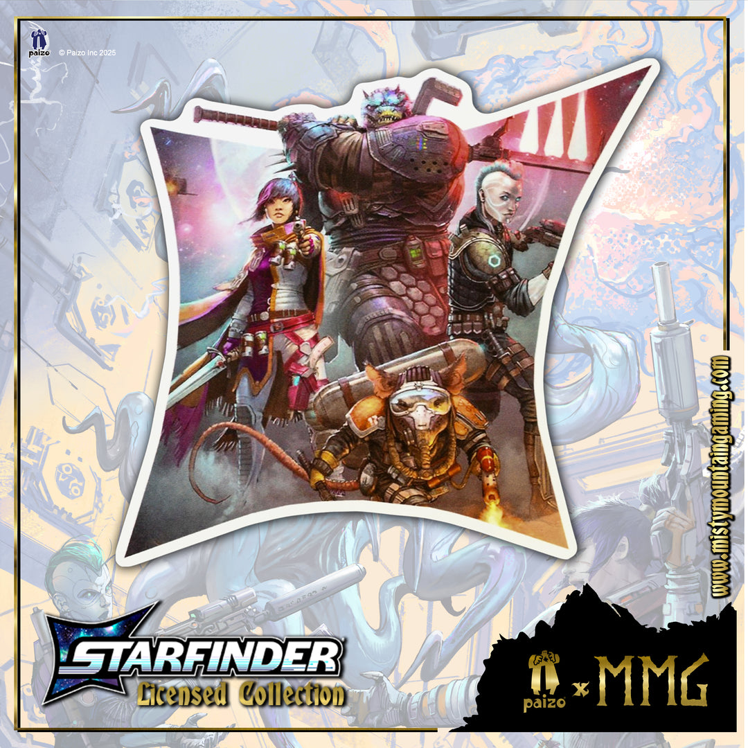 Starfinder sticker with characters and MMG logo on a colorful background