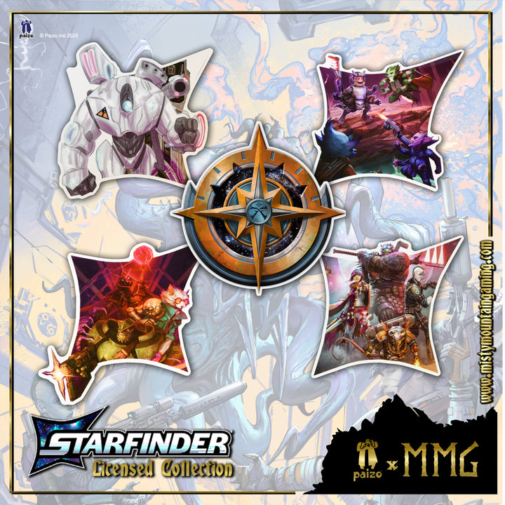 Starfinder licensed collection of stickers with characters and a compass on a decorative background