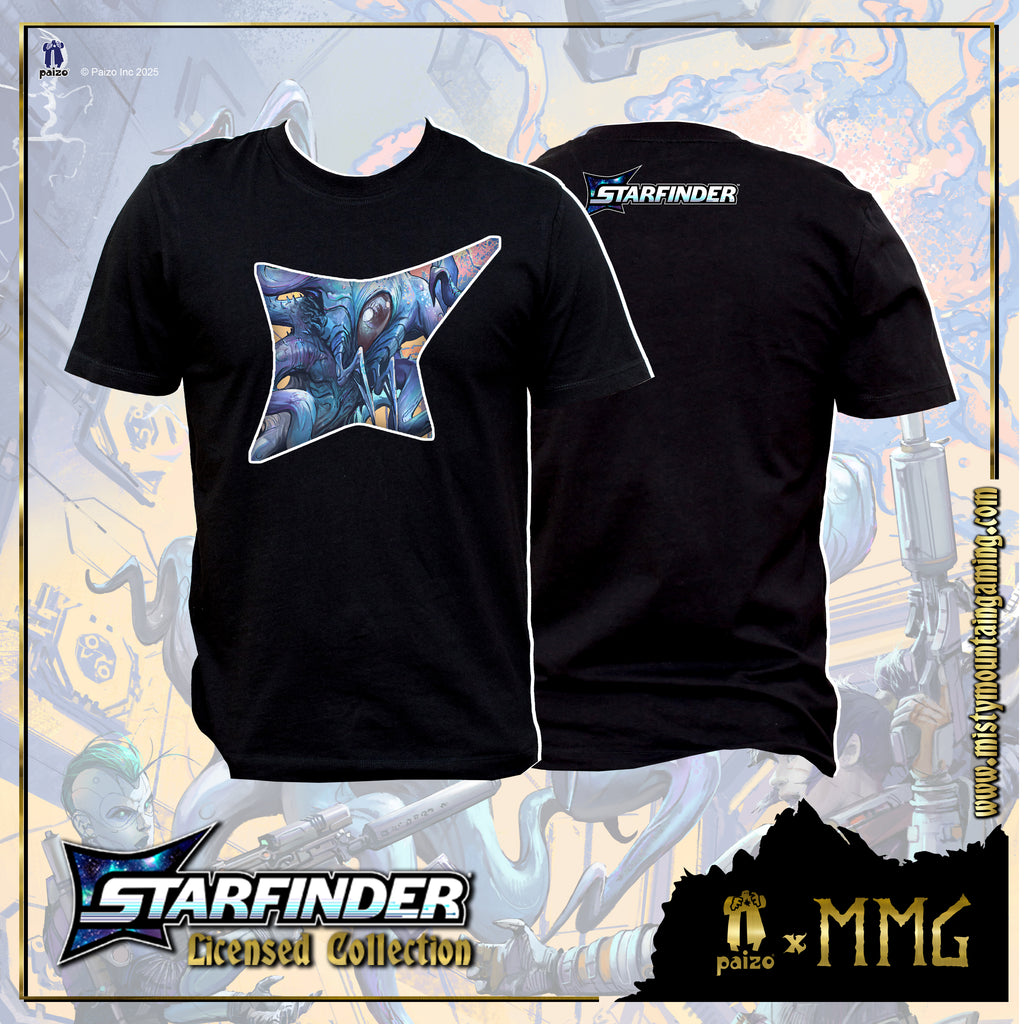 Black t-shirt with a colorful graphic design on a stylized background with 'Starfinder' branding.