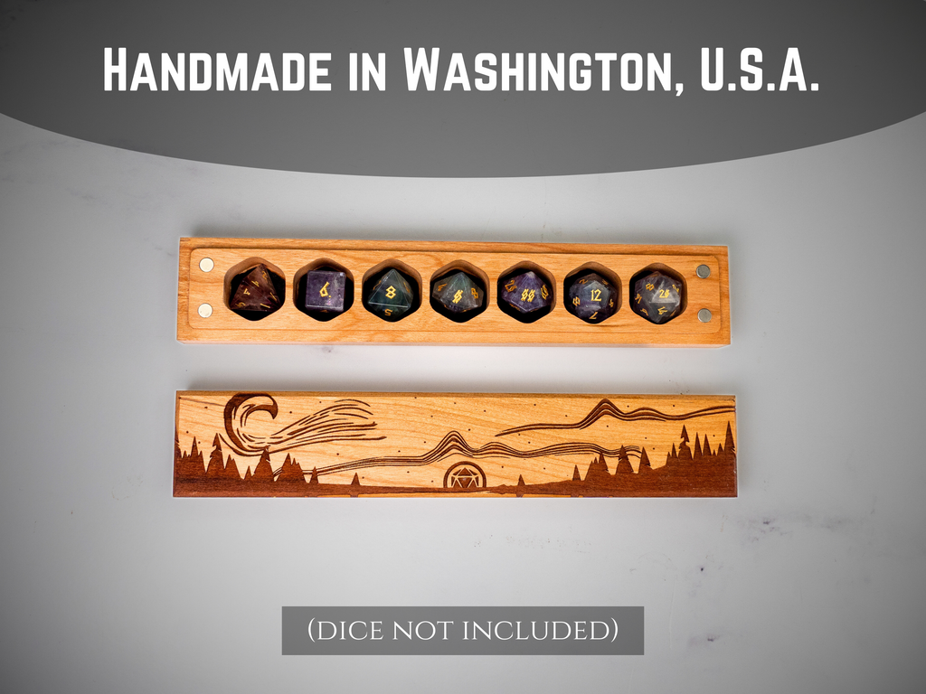 Wooden dice tray with engraved design on a gray background, labeled 'Handmade in Washington, U.S.A.'