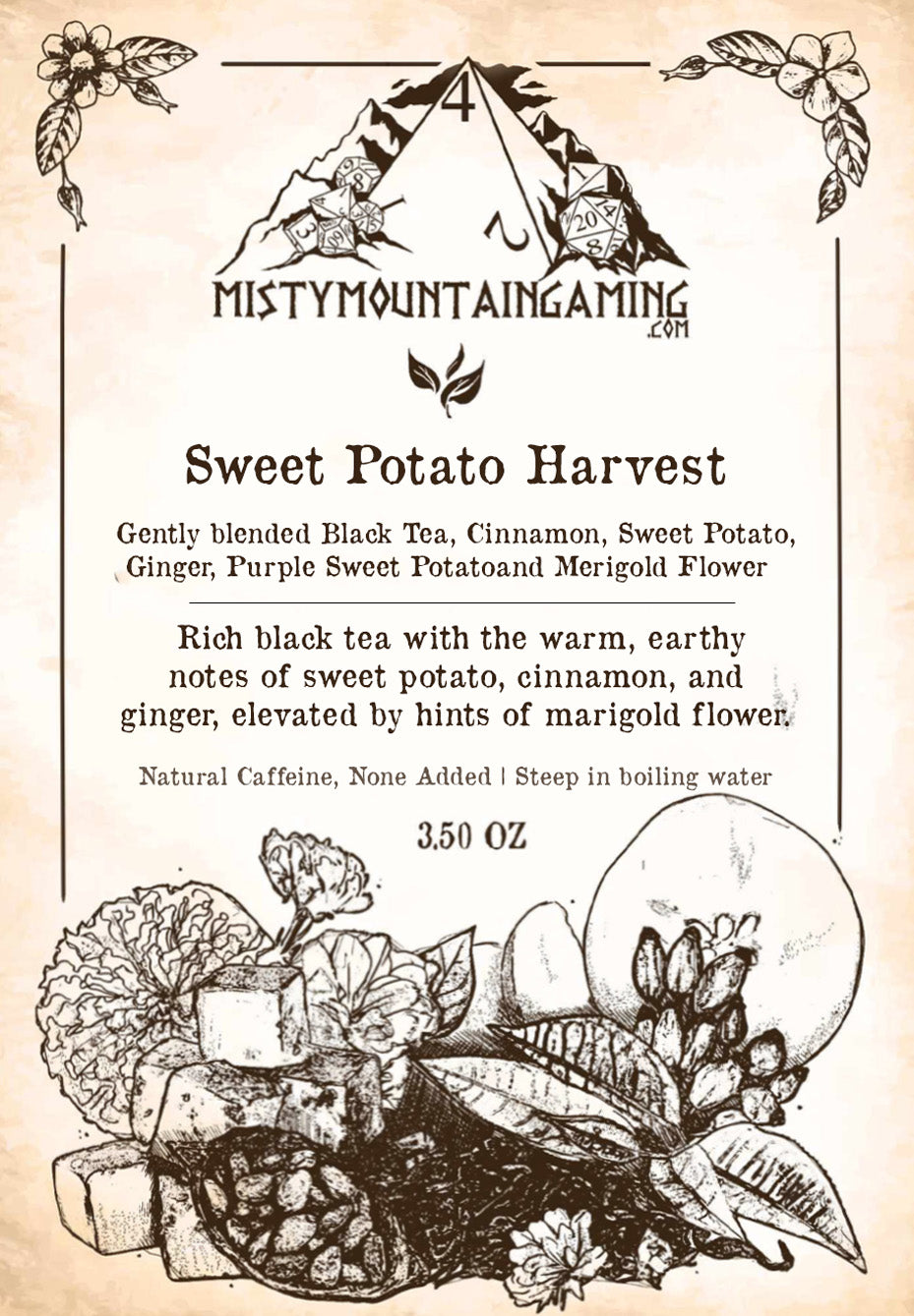 Packaging label for Sweet Potato Harvest tea showing illustrations of tea leaves, sweet potatoes, and spices, alongside text detailing the product name and its ingredients.