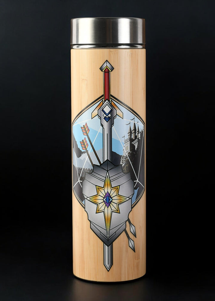 travel mug with decorative emblem and metal tea diffuser