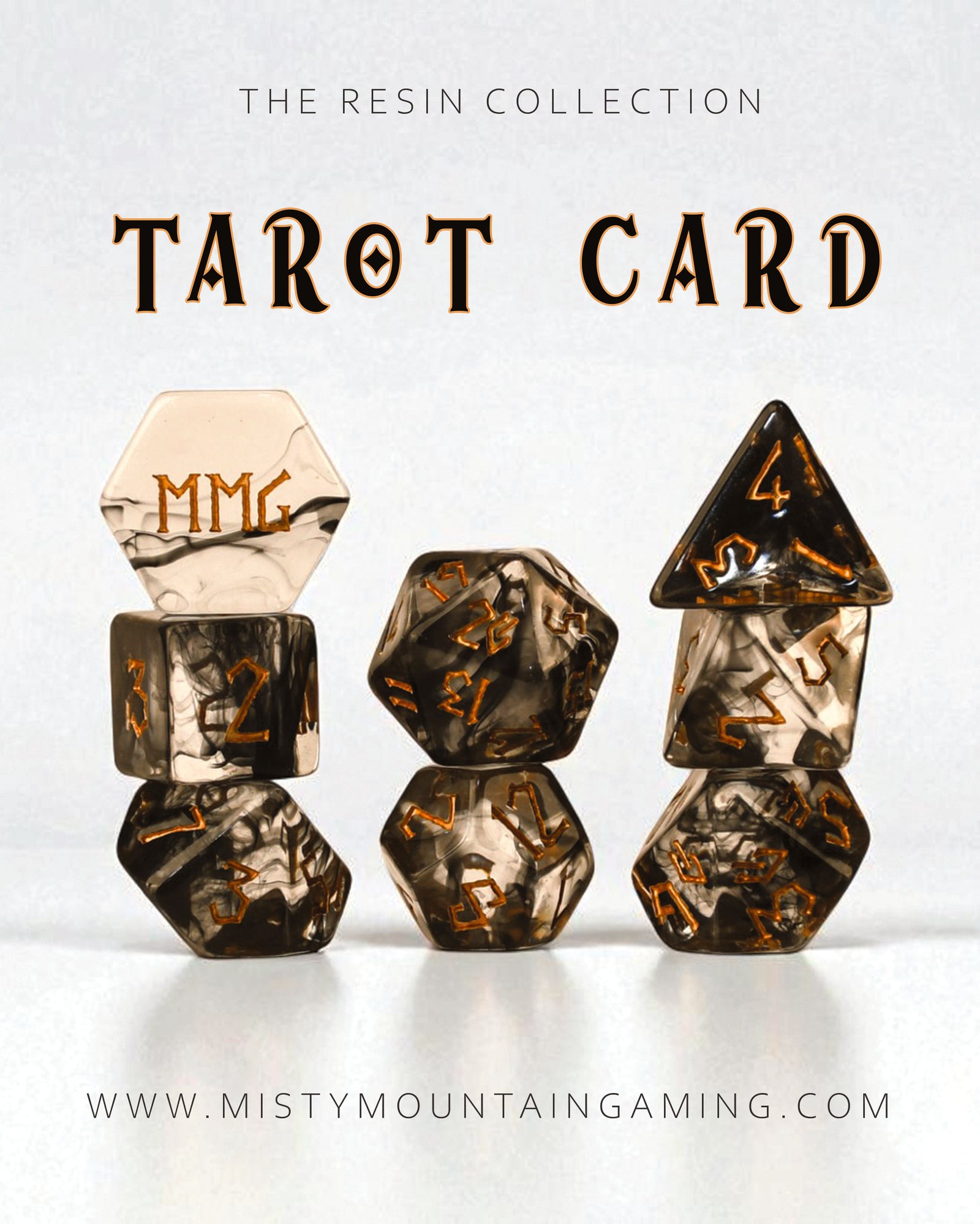 Resin tarot card inspired dice with 'Mistymountaingaming' branding on a white background