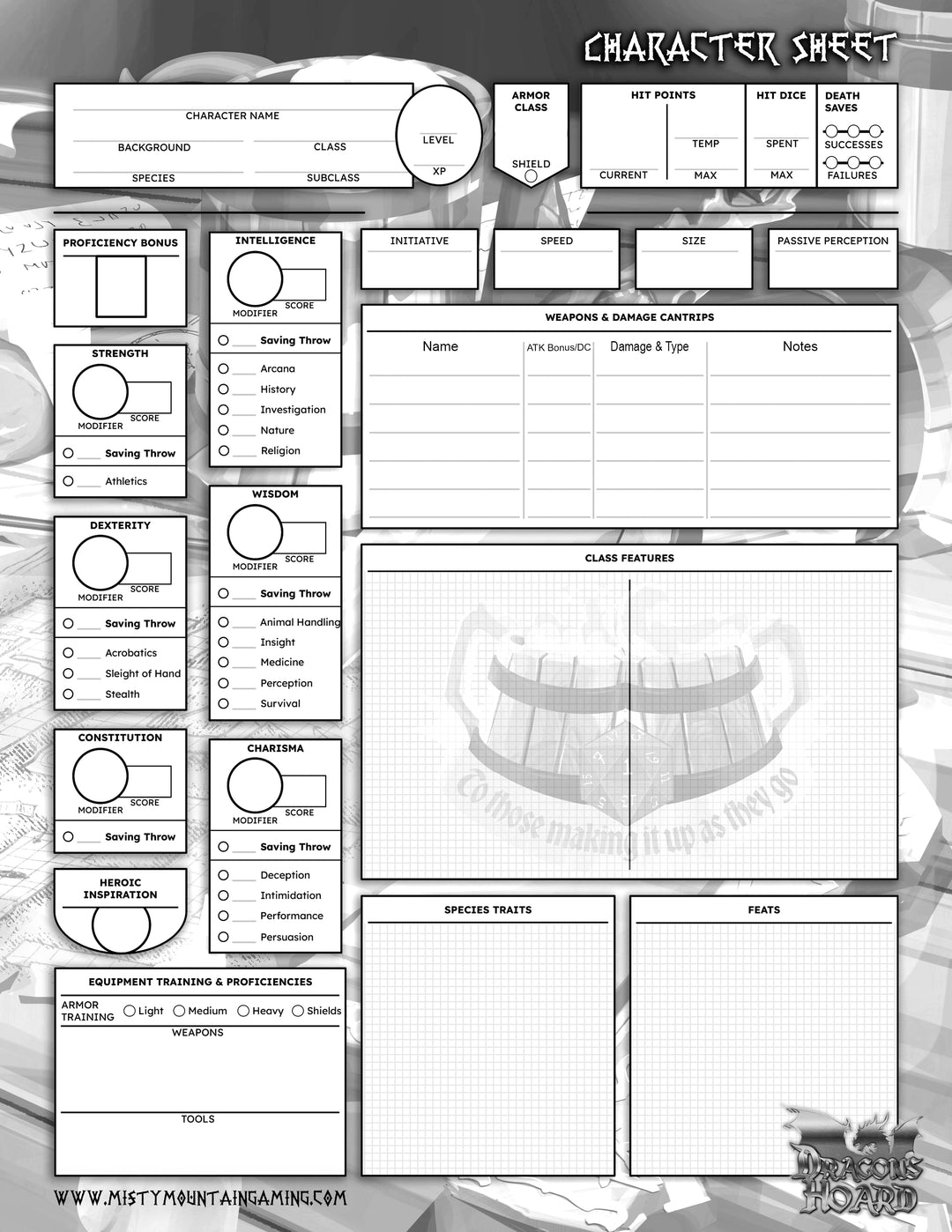 Dungeons and Dragons character sheet printable fillable pdf form tavern brawl art dnd d&amp;d