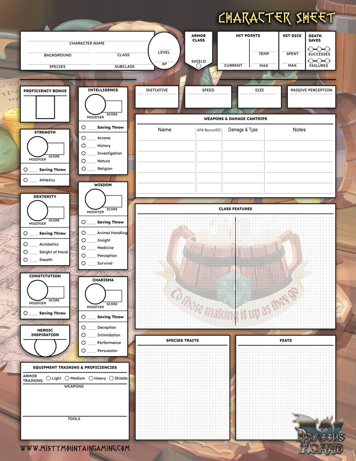 Dungeons and Dragons character sheet printable fillable pdf form tavern brawl art dnd d&amp;d