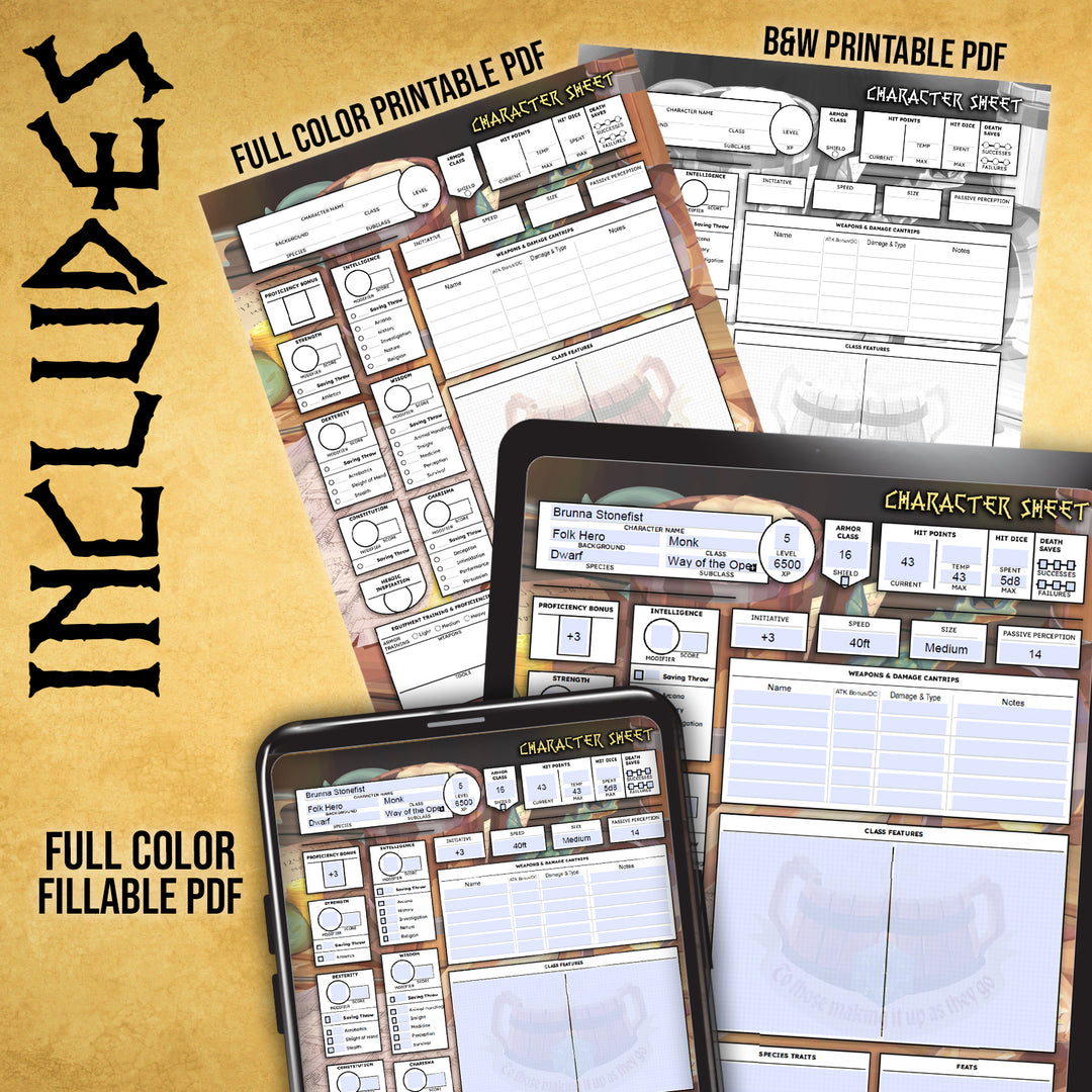 Dungeons and Dragons character sheet printable fillable pdf form tavern brawl art dnd d&amp;d