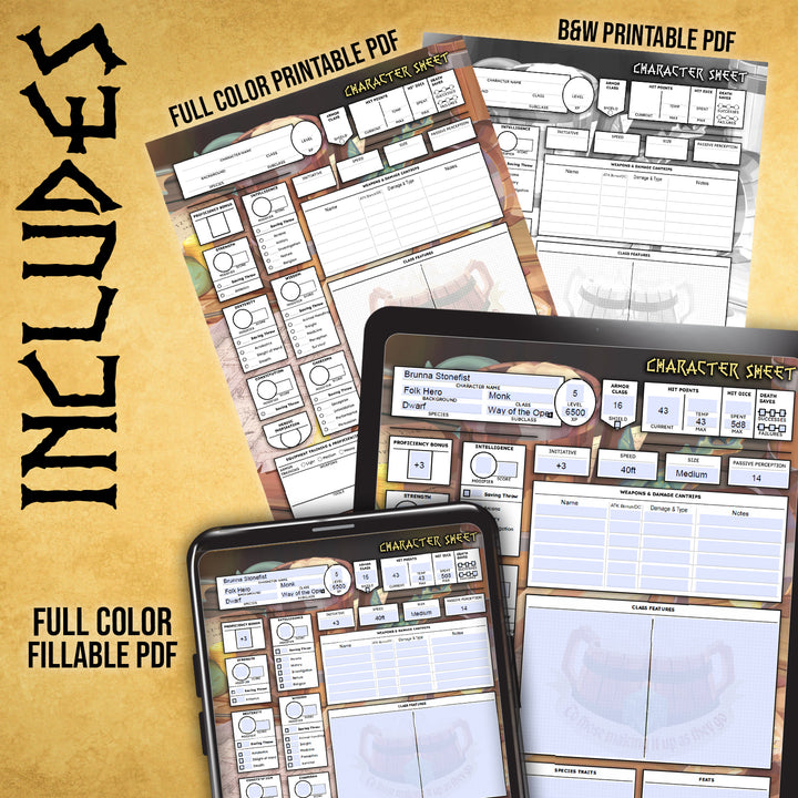 Dungeons and Dragons character sheet printable fillable pdf form tavern brawl art dnd d&amp;d