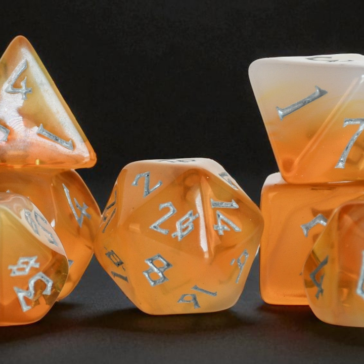tavern ale inspired white and orange ombre acrylic dice set with silver numbering for tabletop gaming